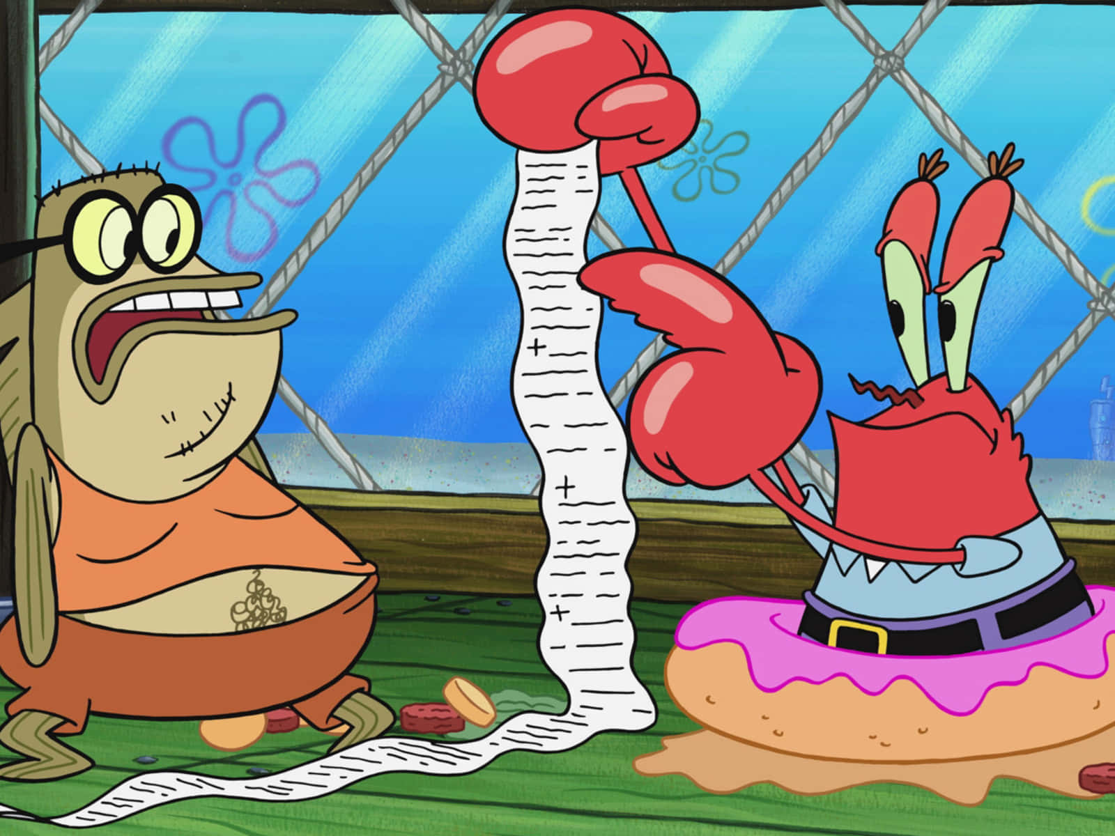 Bubble Bass 桌布 壁紙 — 章魚哥和蟹老闆震驚地看著一個巨大的拳擊手套拿著一張荒謬長的收據。