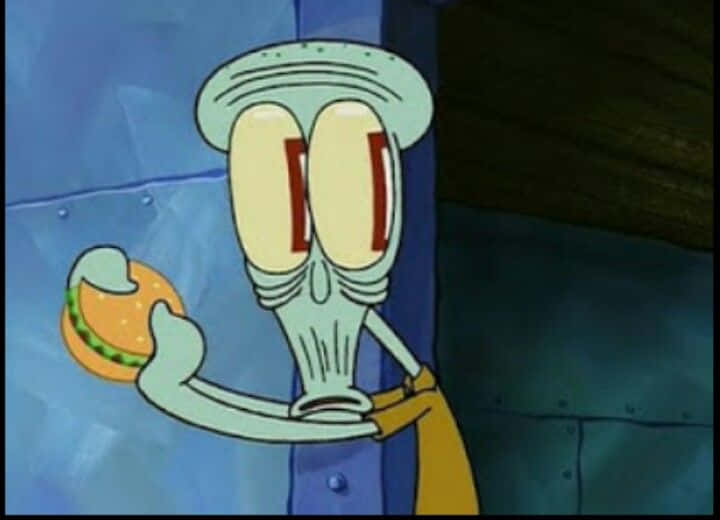 Squidward 桌布 壁紙 — 章魚哥在卡通水下場景中睜大眼睛拿著漢堡。