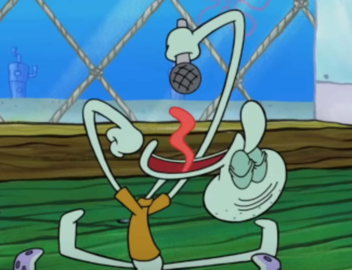 Squidward 桌布 壁紙 — 章魚哥在卡通水下場景中誇張地開心吹奏薩克斯風。