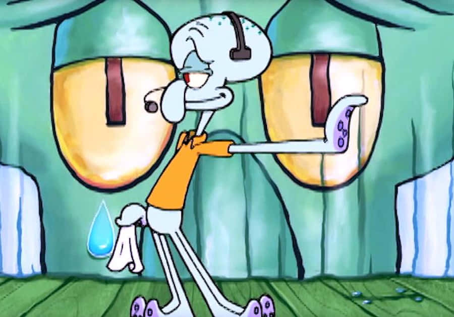 Squidward 桌布 壁紙 — 章魚哥在帶有大窗戶的綠色房子裡汗流浹背地吹奏單簧管。