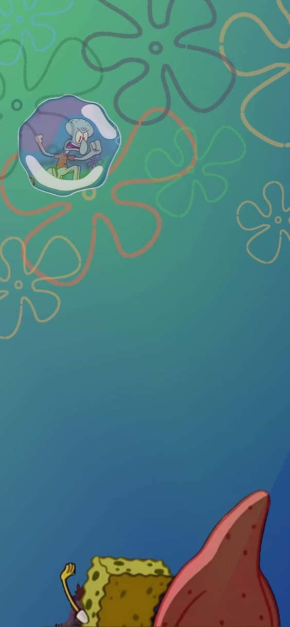 Aesthetic Squidward 桌布 壁紙 — 章魚哥在泡泡內吹單簧管，海綿寶寶從下方觀看的生動水下卡通場景。