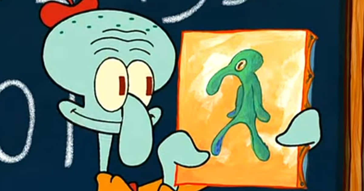 Squidward 桌布 壁紙 — 章魚哥在黑板前舉起一幅畫，畫中是綠色的糊狀生物。
