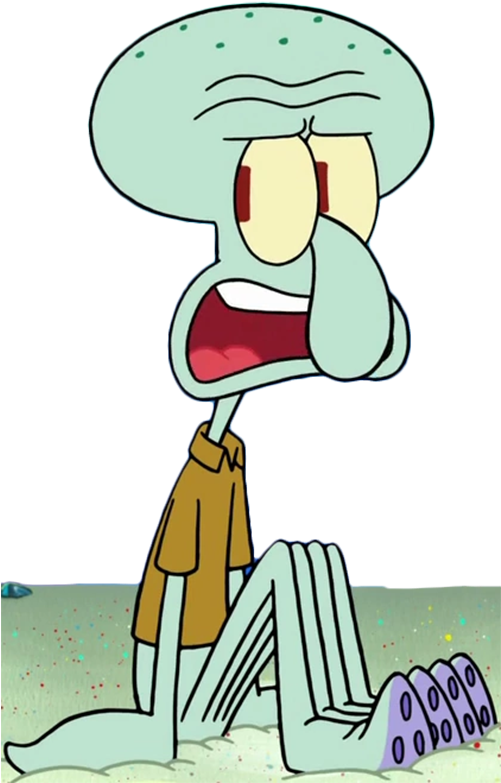 Squidward 桌布 壁紙 — 章魚哥坐在沙質海底，睜大眼睛張開嘴巴，卡通風格。