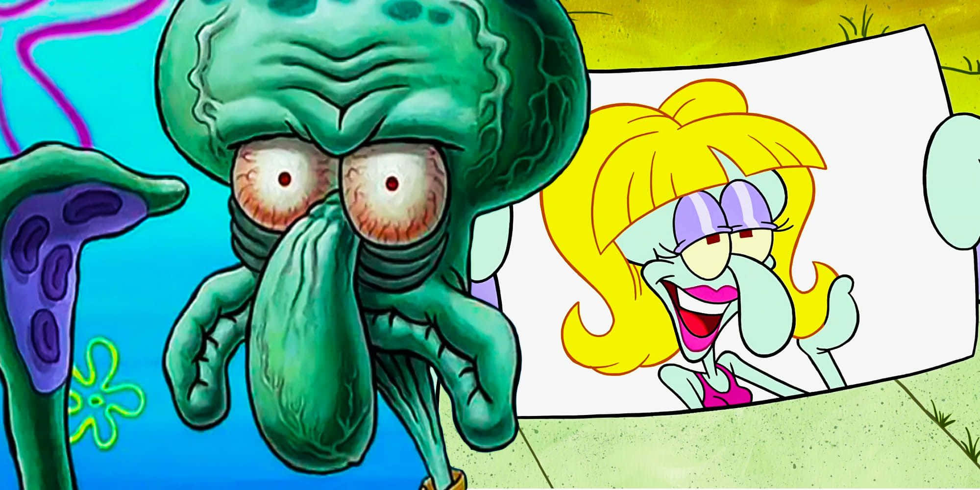 Squidward 桌布 壁紙 — 章魚哥憤怒地盯著一幅自己畫成戴紫色眼鏡金髮女子的開心圖畫。