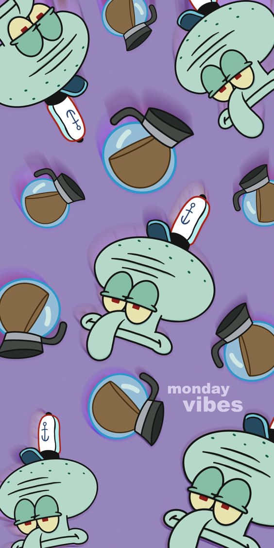 Aesthetic Squidward 桌布 壁紙 — 章魚哥的臉和咖啡壺在紫色背景上重複，並帶有'monday vibes'文字。