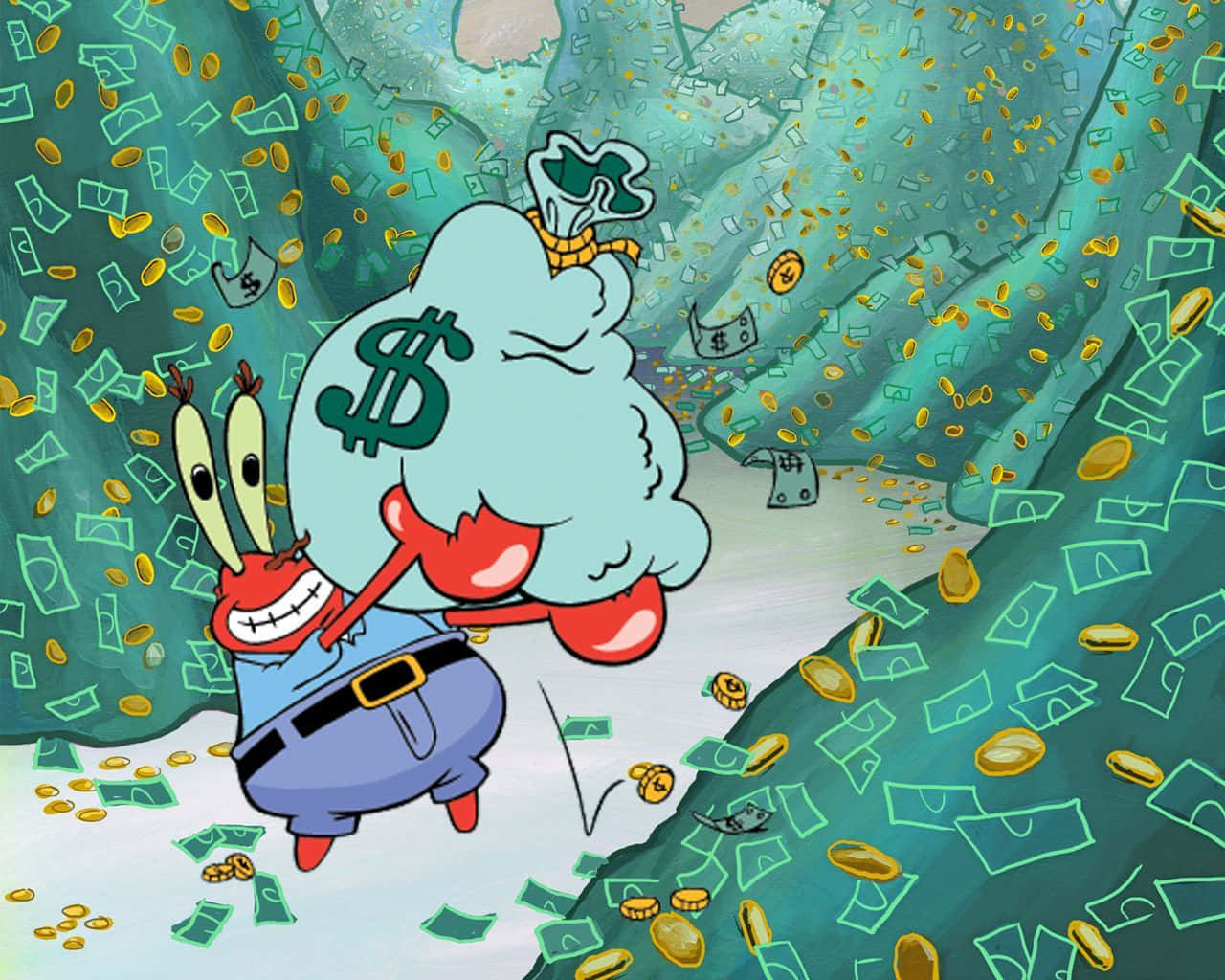 Falling Money 桌布 壁紙 — 章魚哥高興地舉起一個巨大的錢袋，現金和硬幣如雨般落下，場景卡通化且在水下。