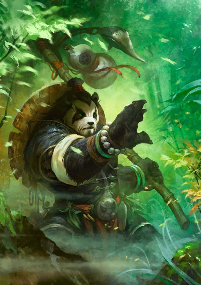 魔獸世界 桌布 壁紙 — 竹林中的兇猛熊貓戰士，在迷霧籠罩的樹葉中揮舞著一根棍棒和盾牌，眼睛發出綠色光芒。