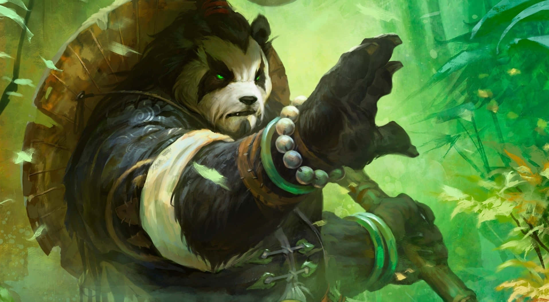 Best Hearthstone 桌布 壁紙 — 竹林中的兇猛熊貓戰士，帶著發光的綠色眼睛和翡翠手鐲進行攻擊。