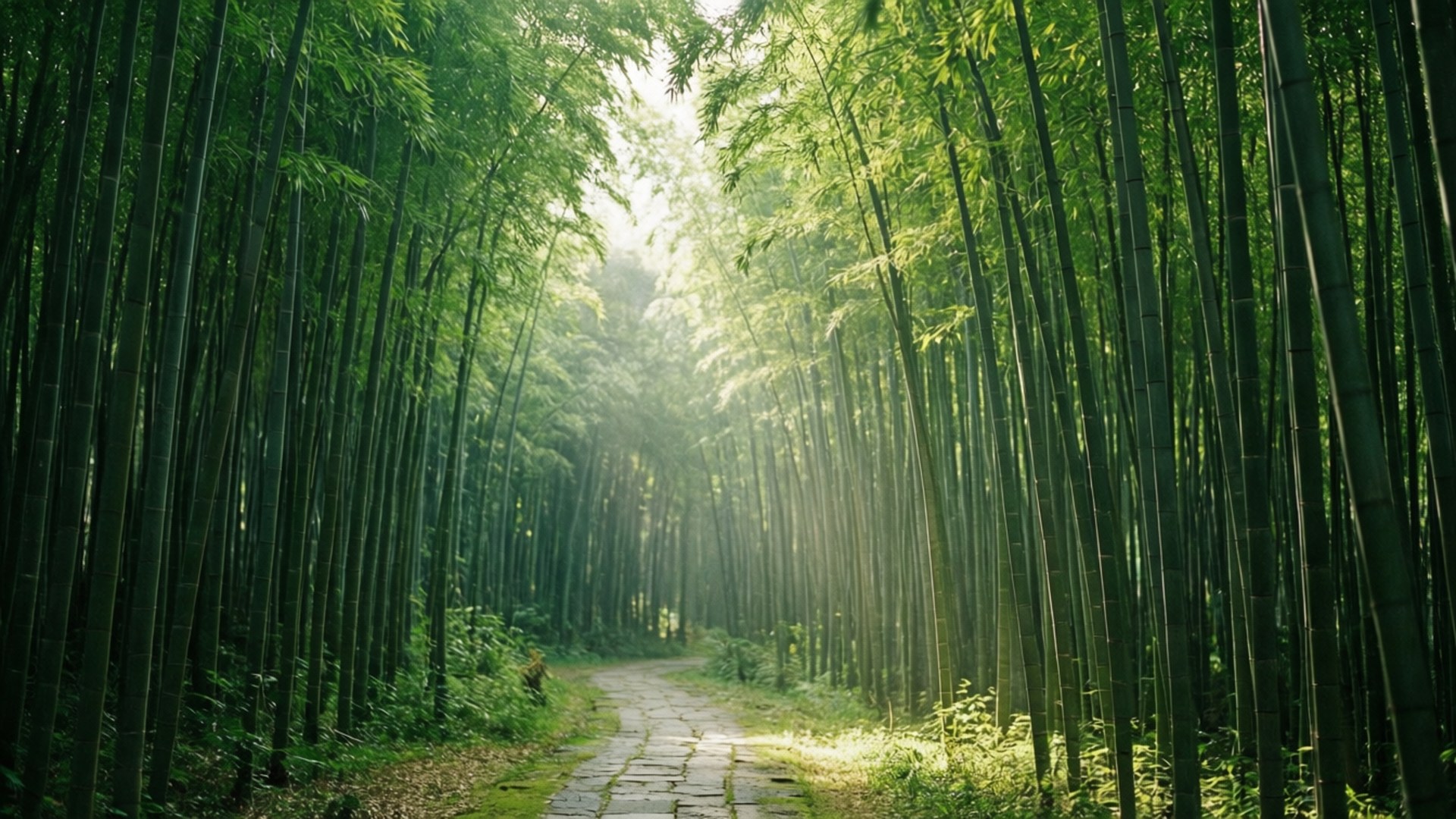 霧氣瀰漫的竹林，陽光穿透其間。