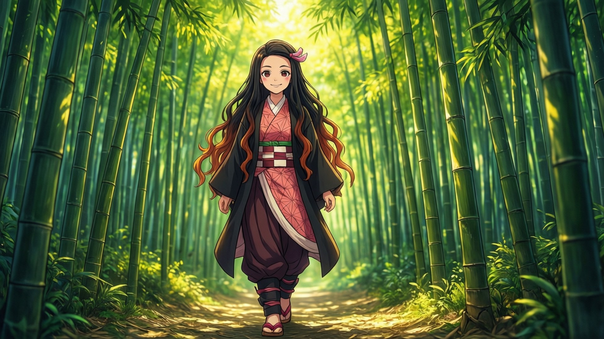 禰豆子在寧靜的竹林中漫步。