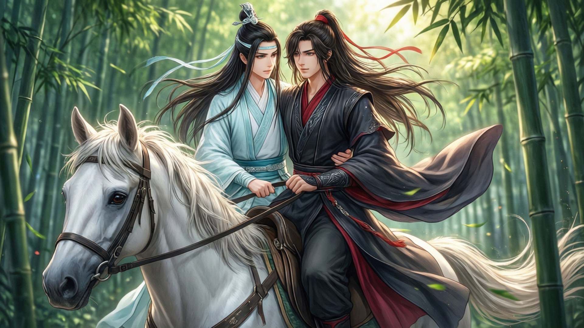 竹林策馬 壁紙 — 兩位衣著優雅的男士騎著白馬穿過陽光明媚的竹林，長袍飄逸，動作充滿動感。