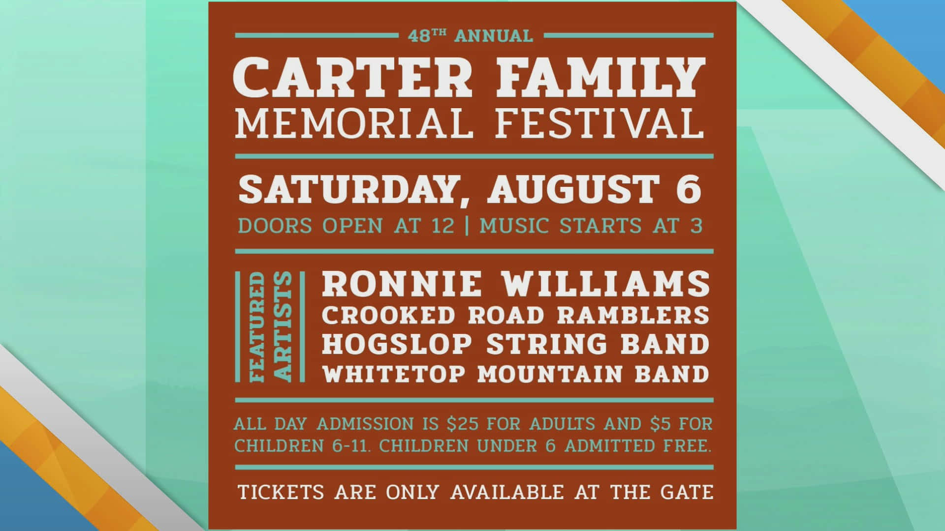 Carter Family 桌布 壁紙 — 第48屆卡特家族紀念音樂節的復古風格海報，在幾何青綠色和橙色背景襯托下，棕色背景上印有粗體白色文字。