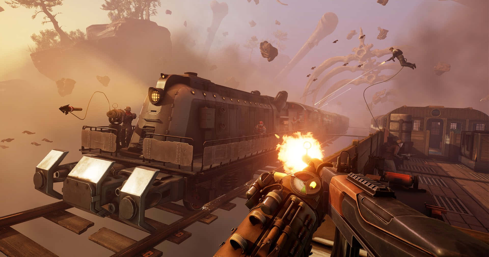 Fps Games 桌布 壁紙 — 第一人稱射擊場景，一輛蒸汽火車在超現實的浮動景觀中受到巨型骨狀生物的攻擊。