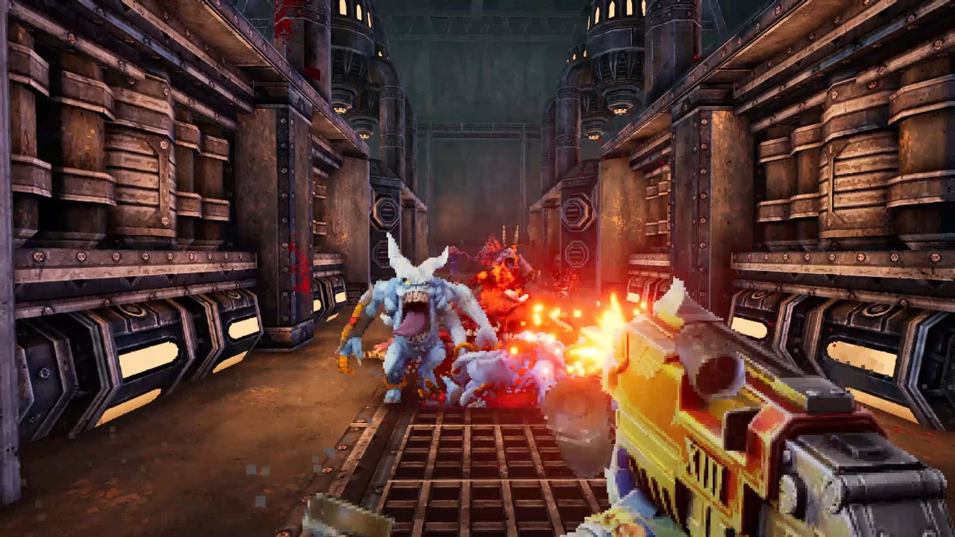 First-person Shooter Games 桌布 壁紙 — 第一人稱射擊視角，在昏暗的工業走廊中向怪誕的怪物開火，周圍有發光的管道和火花。