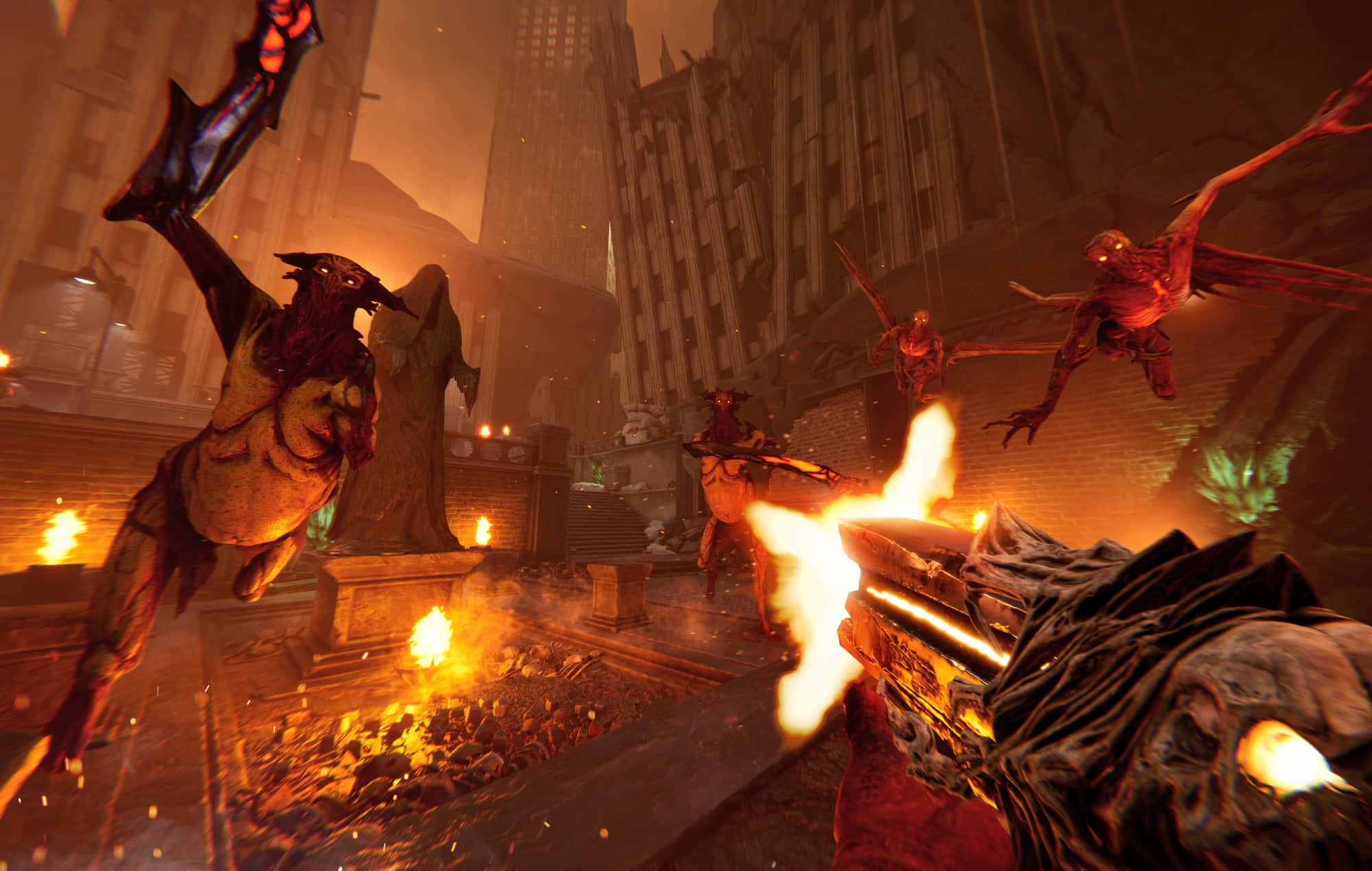 First-person Shooter Games 桌布 壁紙 — 第一人稱射擊視角，在火焰廢墟城市景觀中向惡魔飛行生物開火。