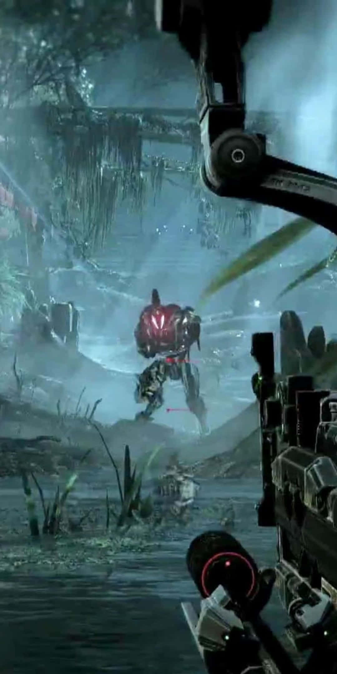 Pixel 3 Crysis 3 桌布 壁紙 — 第一人稱射擊視角瞄準霧氣沼澤環境中發光的紅色裝甲機器人。