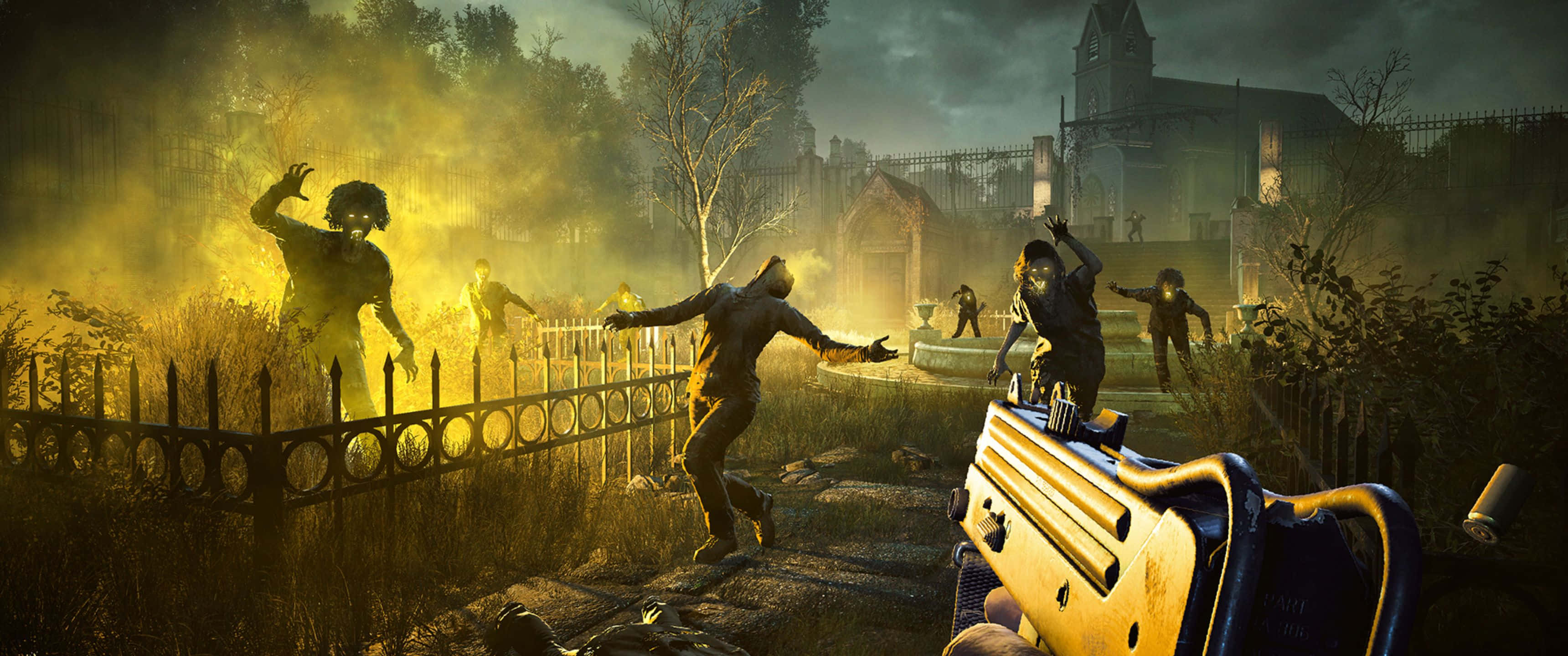 3440x1440p Far Cry 5 桌布 壁紙 — 第一人稱射擊視角顯示，在詭異的黃光下，殭屍從霧氣瀰漫的墓地撲來。