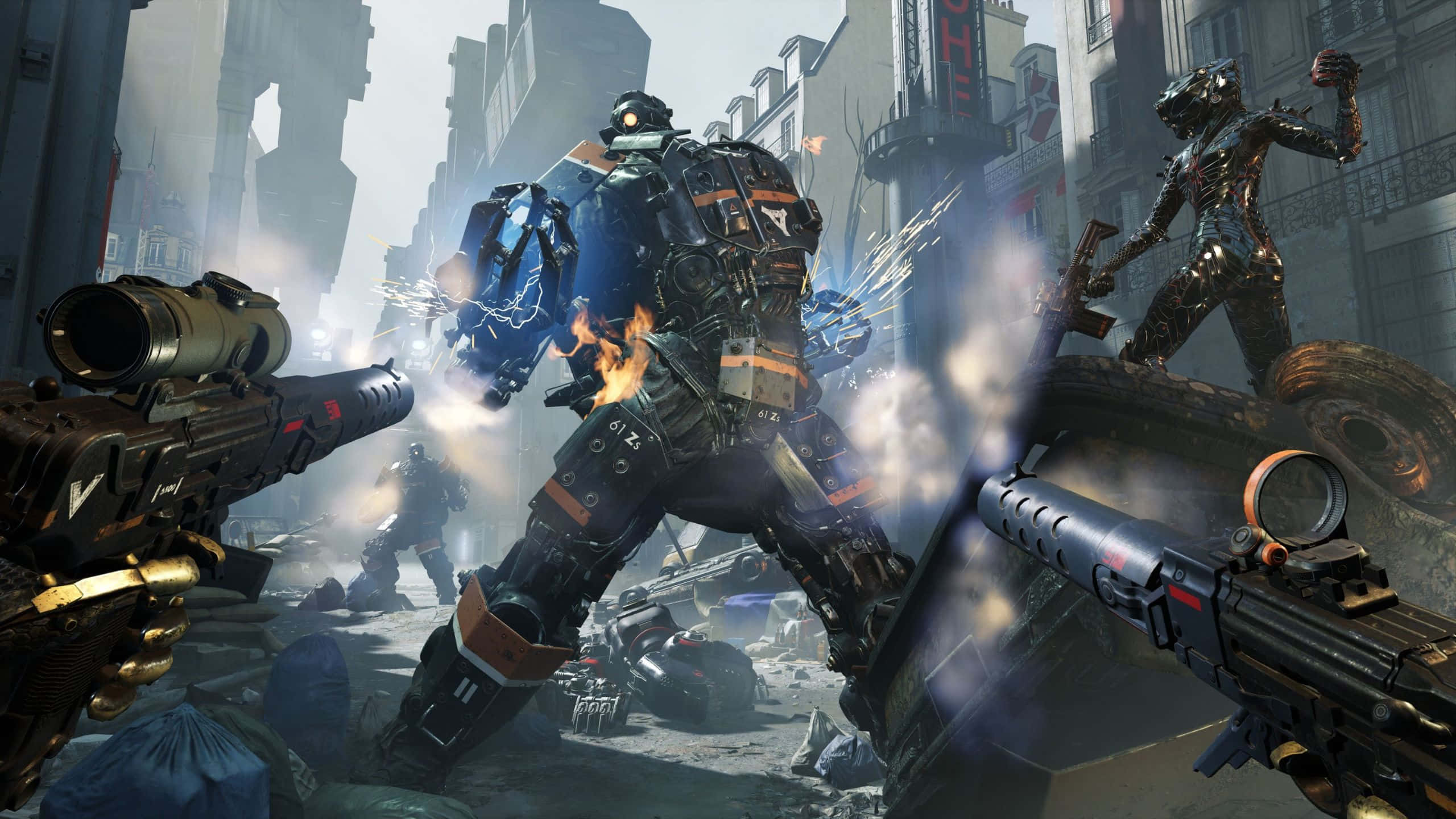 Wolfenstein Ii 桌布 壁紙 — 第一人稱射擊視角顯示一個巨大的裝甲機甲在廢墟的城市街道上與敵人戰鬥，伴隨著爆炸和槍火。