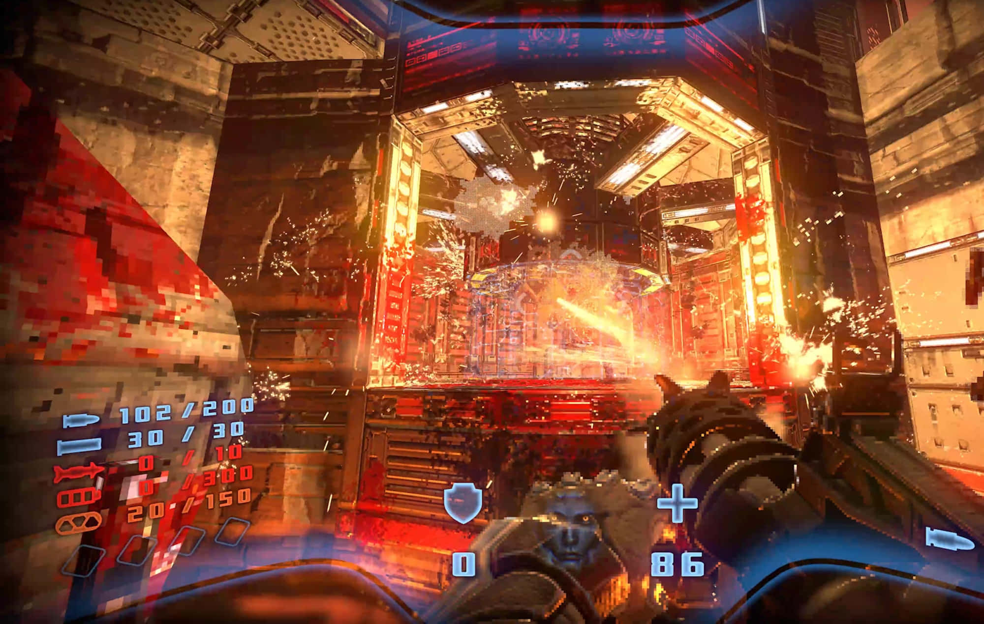 Fps Games 桌布 壁紙 — 第一人稱射擊遊戲玩法，在霓虹燈照亮的未來主義走廊中發生激烈的槍戰和爆炸。