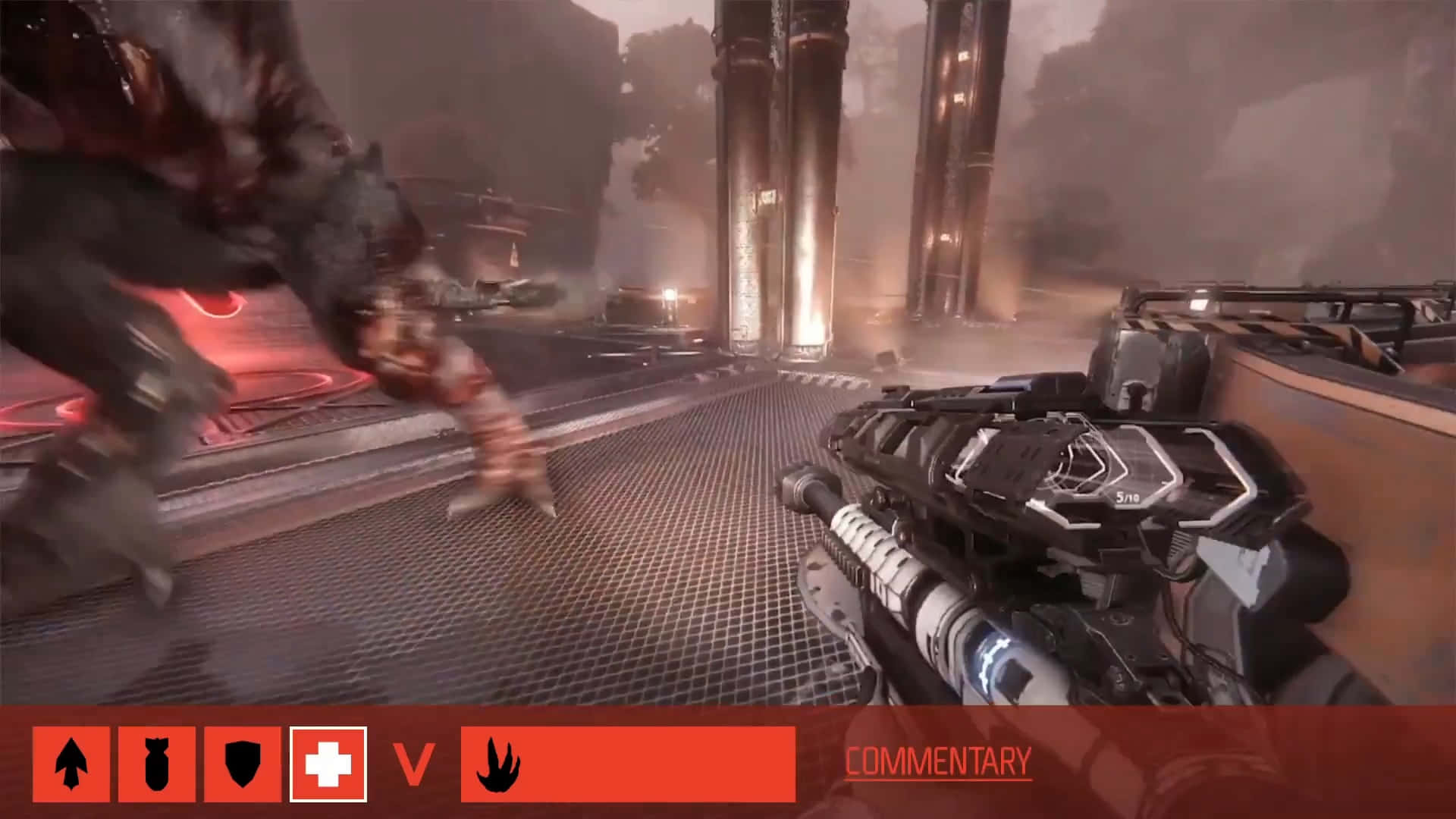 Game Trailers 桌布 壁紙 — 第一人稱射擊遊戲畫面，顯示玩家在煙霧瀰漫的工業環境中，用未來武器瞄準一隻衝過來的怪物敵人。