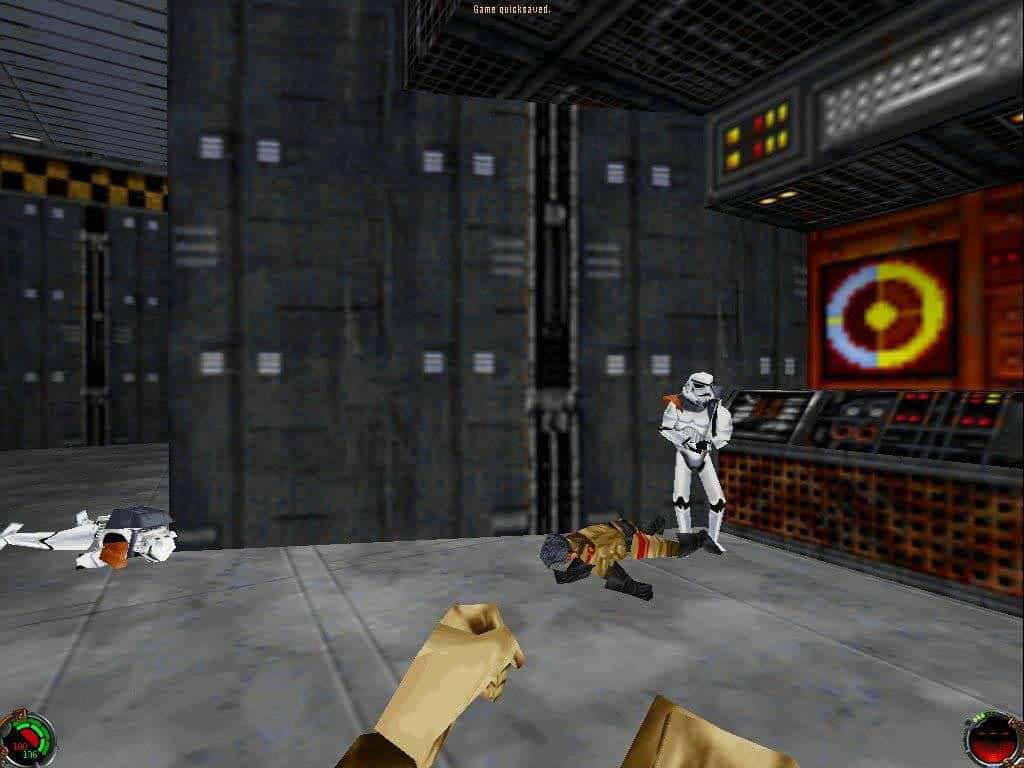 Dark Forces 桌布 壁紙 — 第一人稱視角，一名風暴兵站在黑暗工業遊戲走廊中倒下的角色上方。