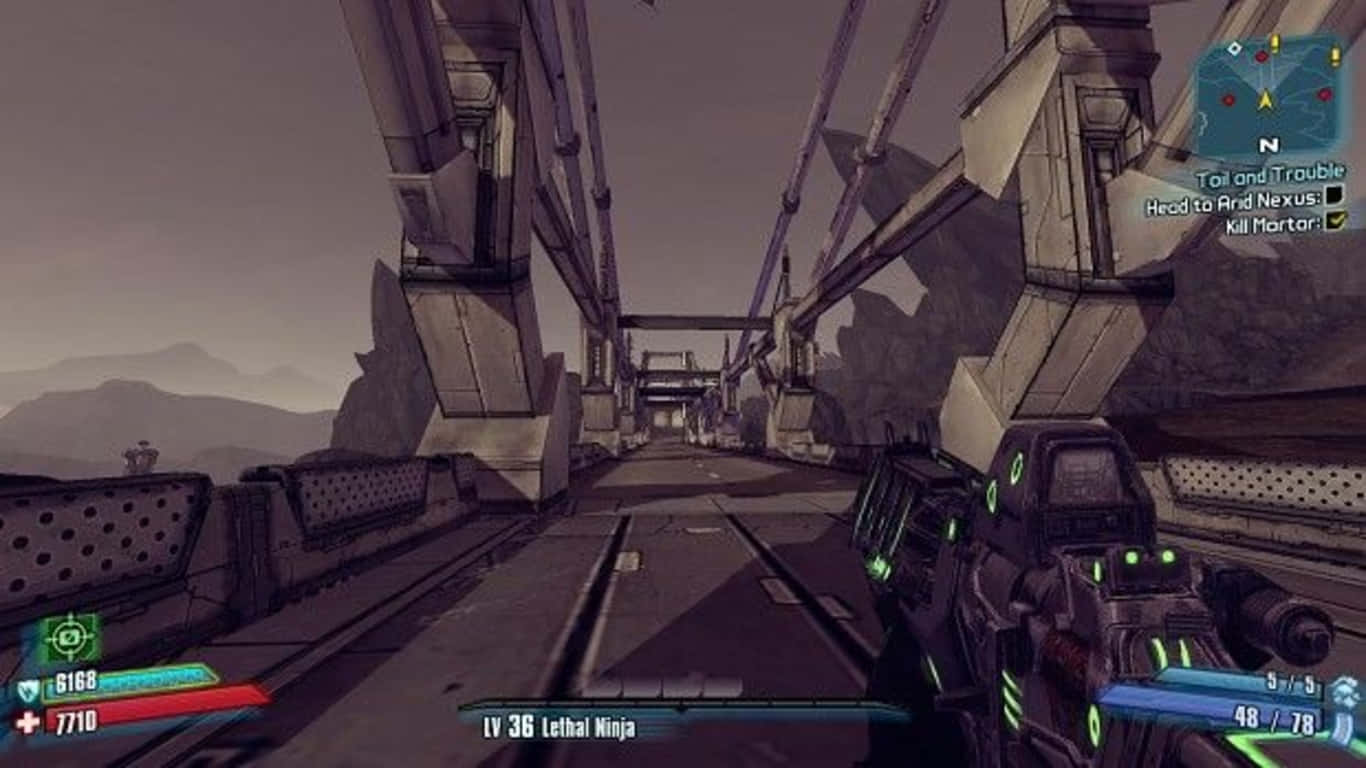 1366x768 Borderlands 3 桌布 壁紙 — 第一人稱視角，一把未來武器瞄準一條金屬橋，處於荒涼的科幻景觀中。