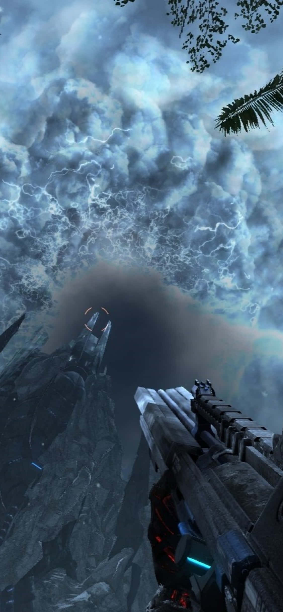 iPhone Xs Crysis Warhead 桌布 壁紙 — 第一人稱視角，一把未來武器瞄準著一個發光的外星結構，背景是雷電交加的暴風雨天空。