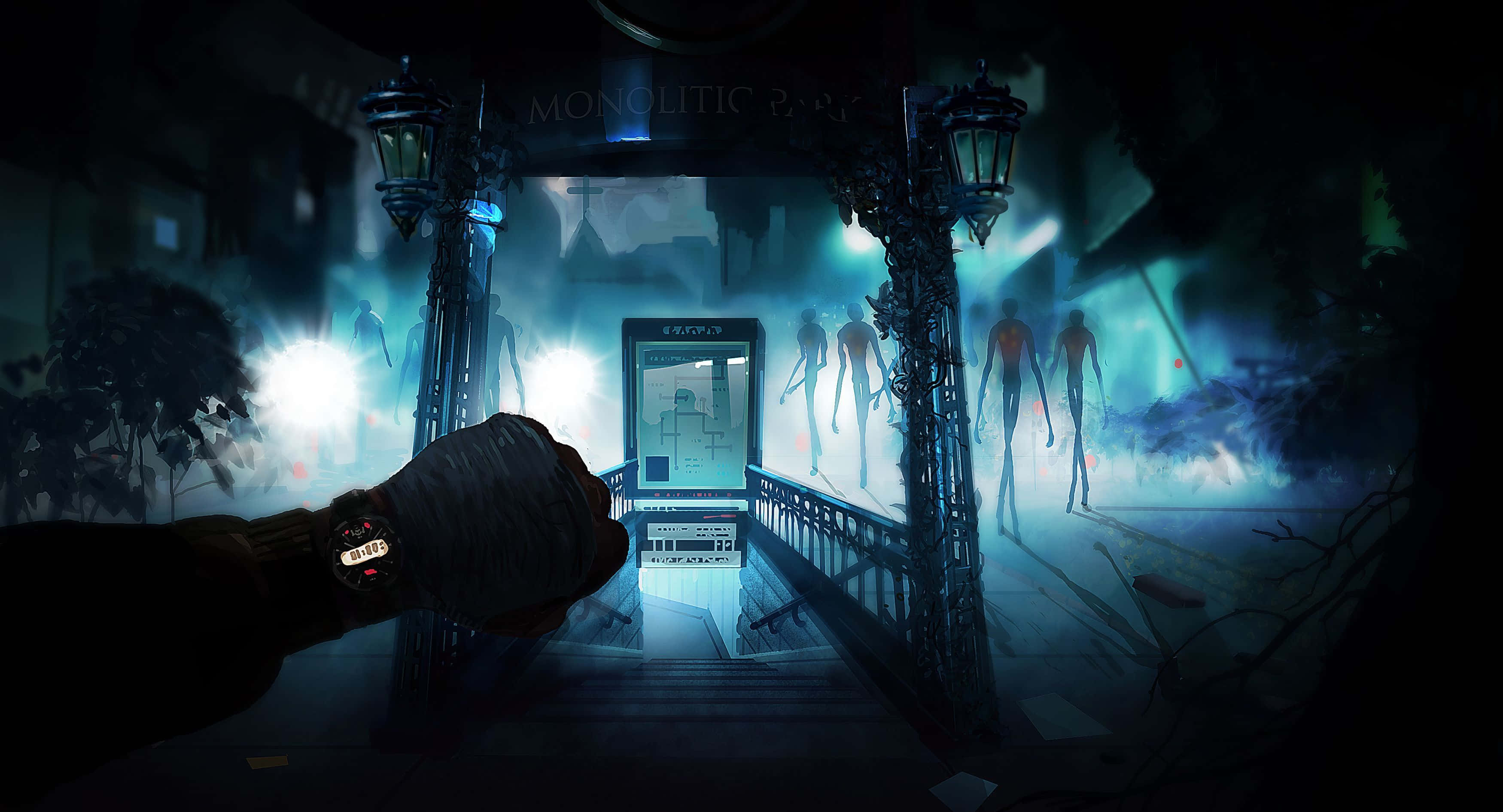 vr 桌布 壁紙 — 第一人稱視角，一隻戴著手套的手拿著一個發光裝置，而詭異的發光人物從寫著 MONOLITIC PARK 的標誌下的霧氣中出現。