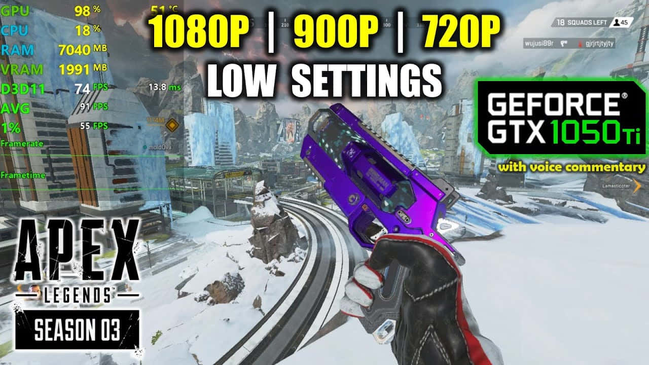 720p Apex Legends 桌布 壁紙 — 第一人稱視角，在Apex Legends第03季的雪地城市戰場中手持紫色手槍，帶有性能統計覆蓋層。