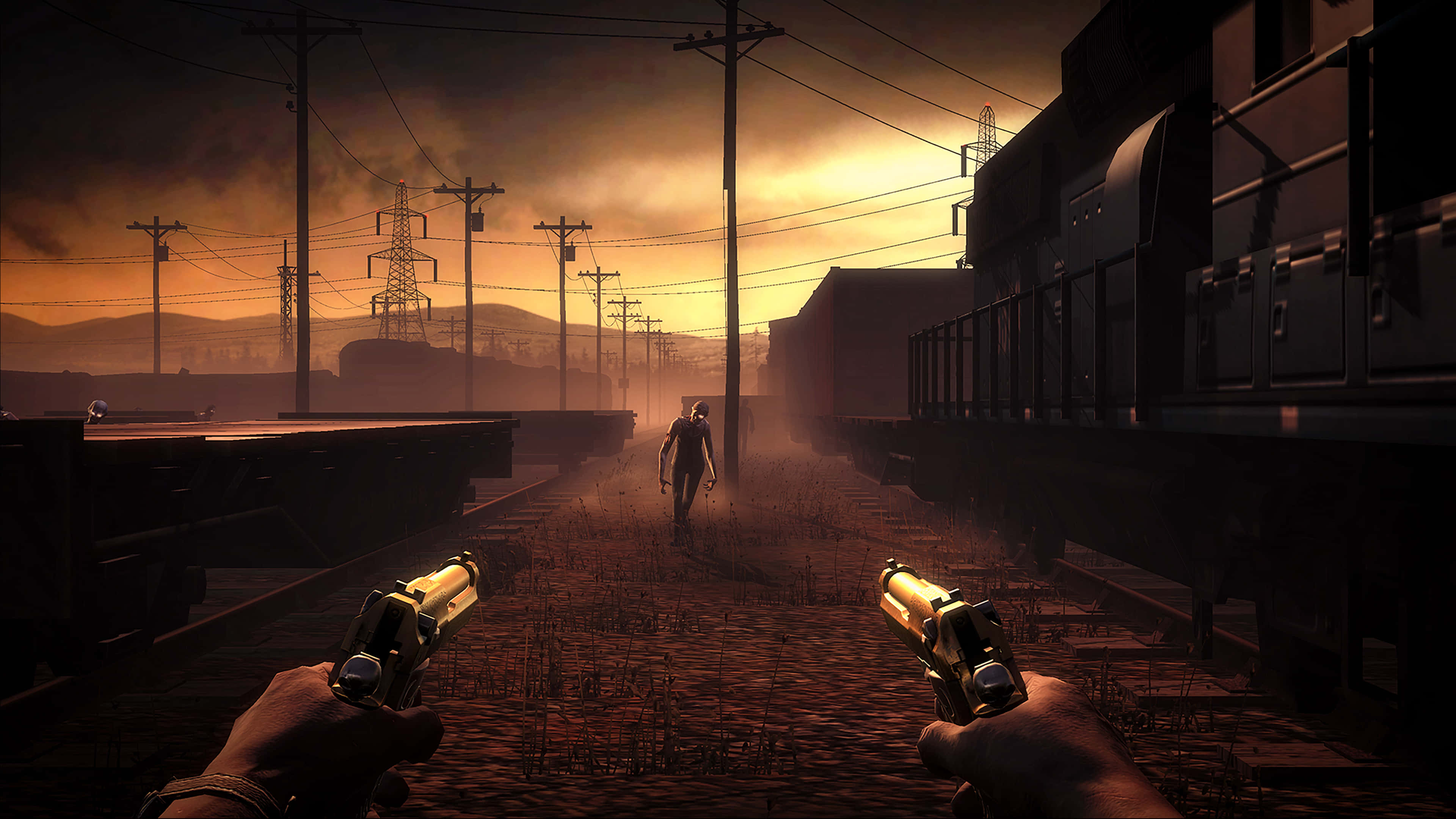 First-person Shooter Games 桌布 壁紙 — 第一人稱視角，在日落時分於生鏽的火車車廂之間手持兩把手槍面對殭屍行者。
