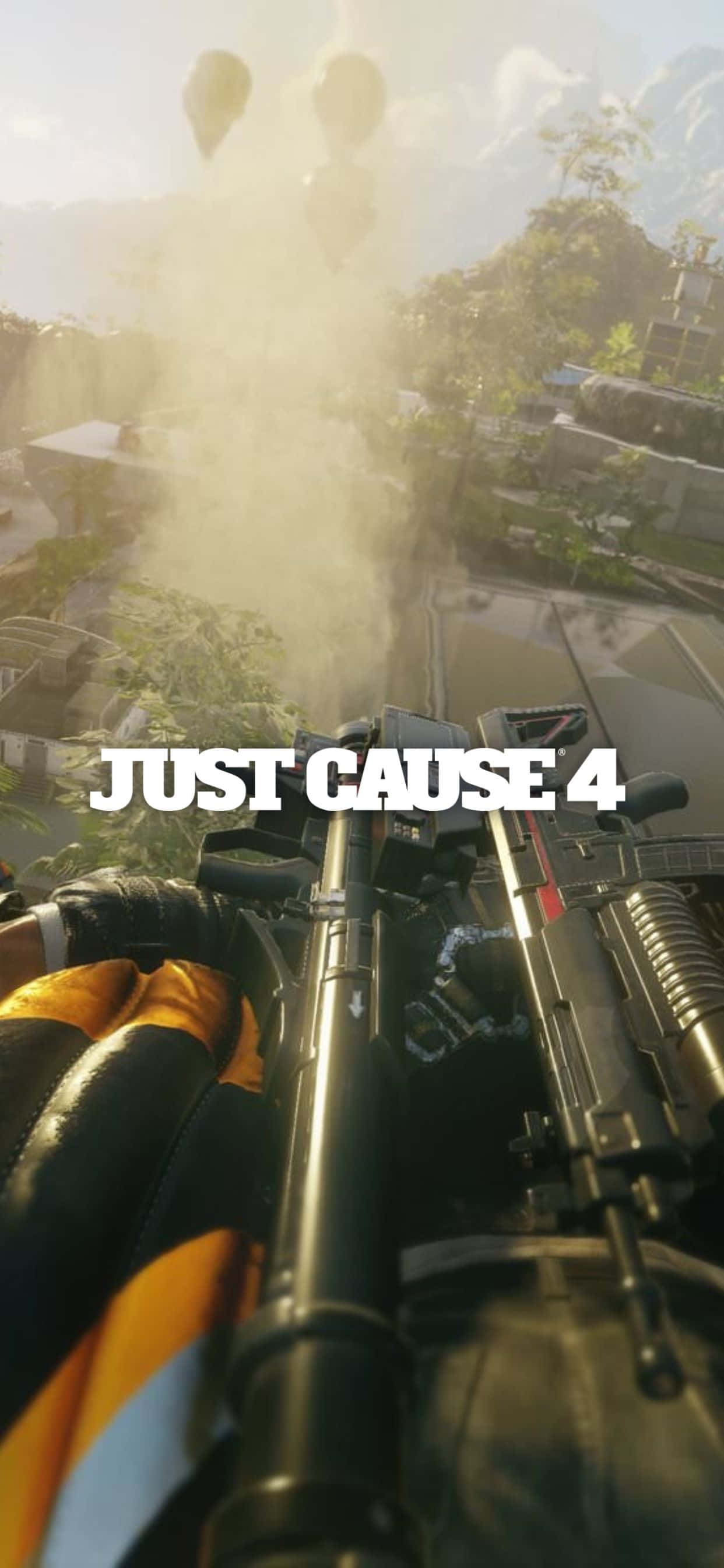 iPhone Xs Max Just Cause 4 桌布 壁紙 — 第一人稱視角，在茂密的叢林山谷中發射重型武器，上空有熱氣球漂浮。