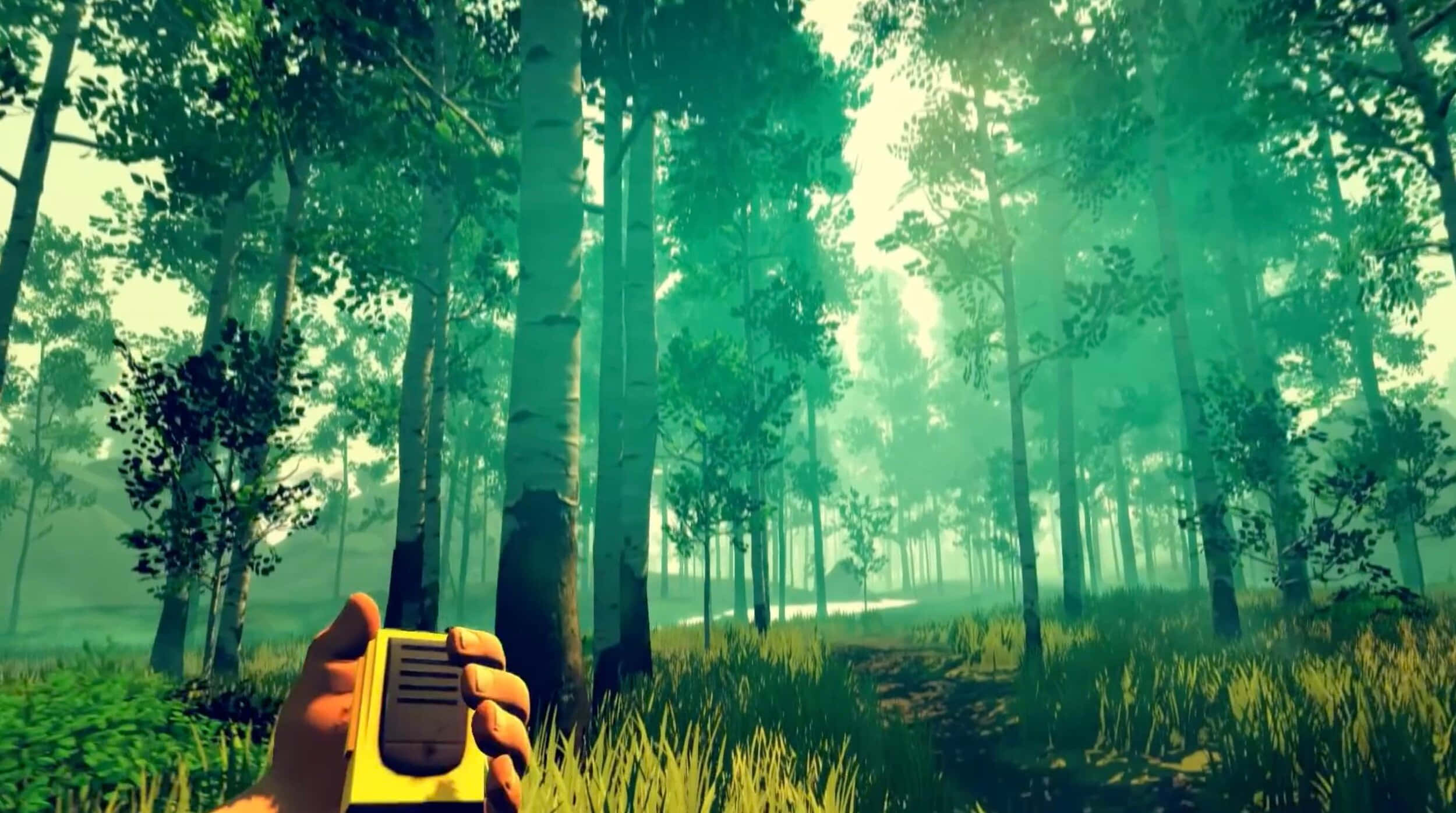 Game Trailers 桌布 壁紙 — 第一人稱視角，在霧氣瀰漫的綠色森林中手持黃色裝置，高大的樹木和柔和的陽光穿透而過。