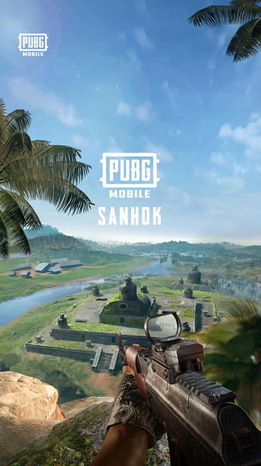 pubg mobile 桌布 壁紙 — 第一人稱視角，手持步槍俯瞰熱帶島嶼地圖，地圖上有古代遺跡和棕櫚樹，天空湛藍明亮。