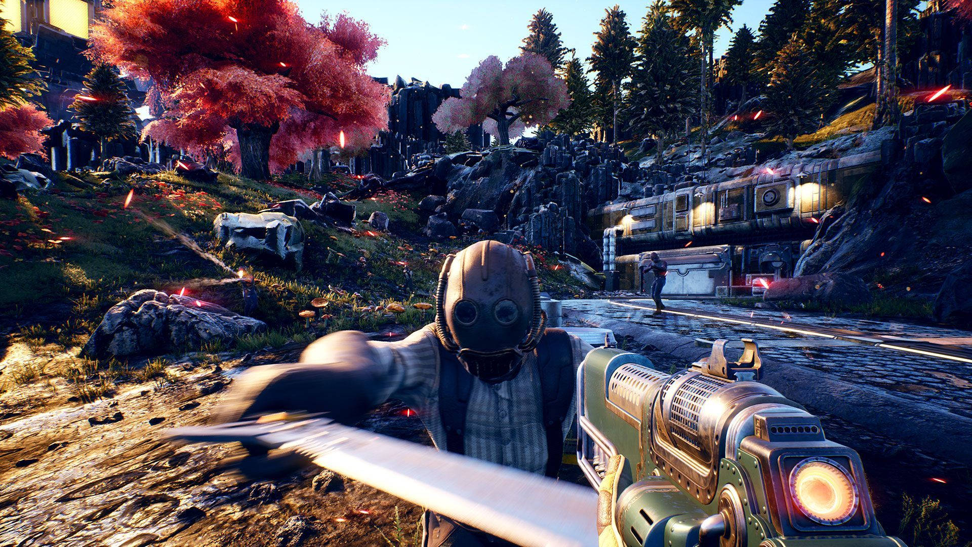 The Outer Worlds 桌布 壁紙 — 第一人稱視角，玩家在科幻風景中揮舞發光的未來武器，周圍有粉紅色的樹木和廢墟結構。