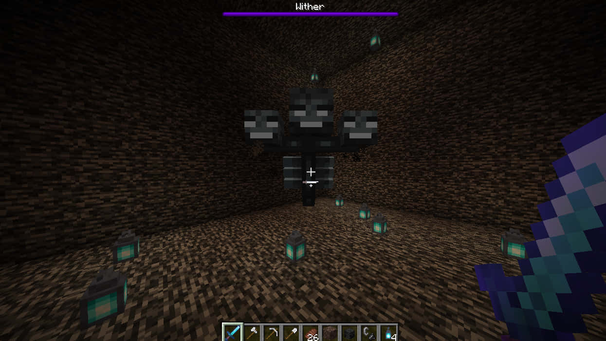 Minecraft Wither Boss 桌布 壁紙 — 第一人稱視角，玩家手持鑽石劍，在光線昏暗的地獄要塞中面對凋零怪首領。