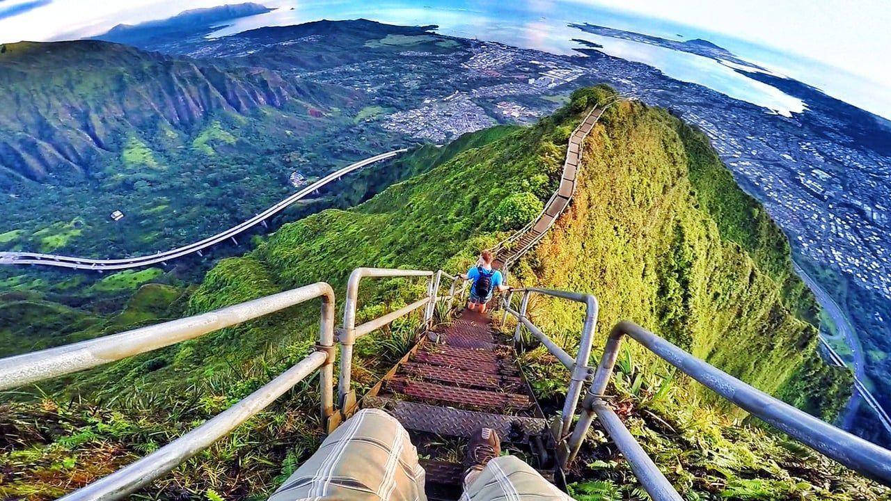 攝影 桌布 壁紙 — 第一人稱視角，登上翠綠山脊上陡峭的金屬樓梯，俯瞰廣闊的海濱城市和蜿蜒的橋樑。
