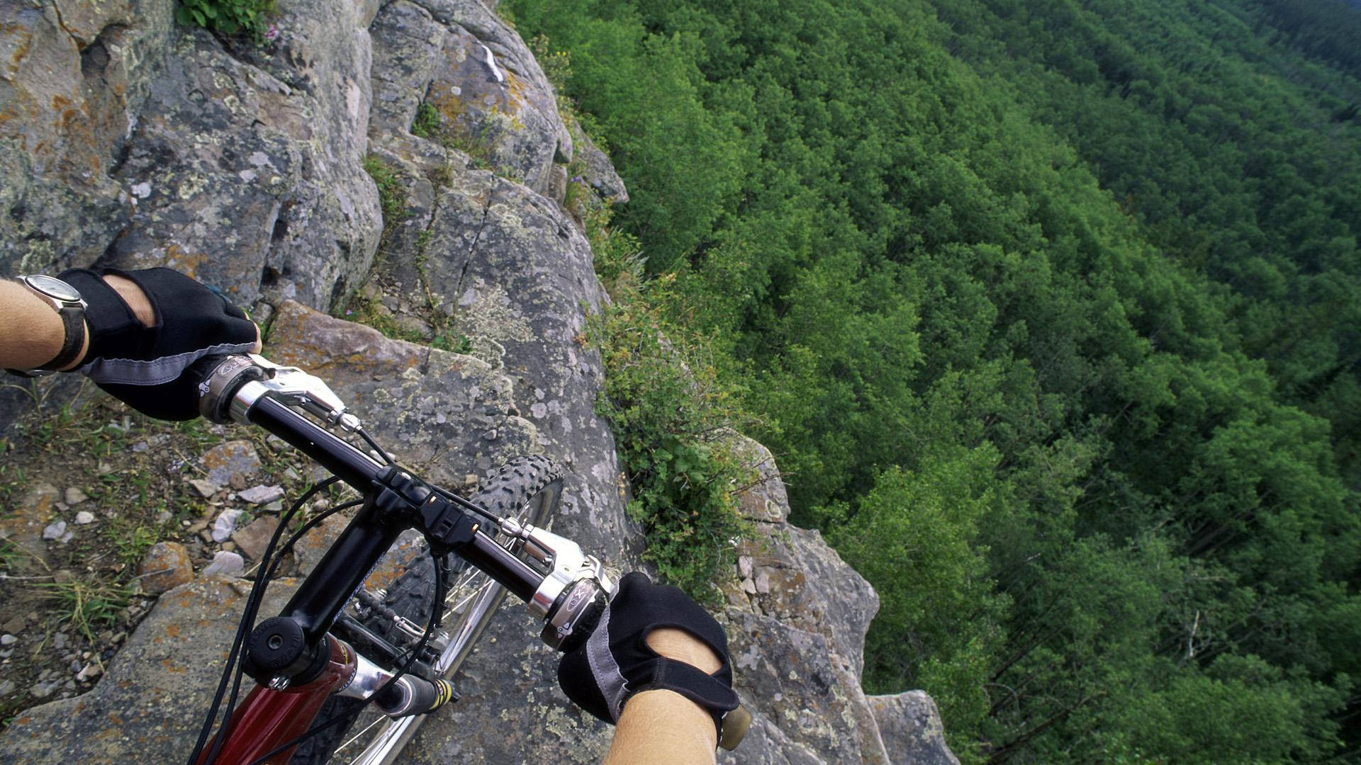 bike riding 桌布 壁紙 — 第一人稱視角，登山自行車手在岩石懸崖邊緣緊握車把，俯瞰下方茂密的綠色森林。
