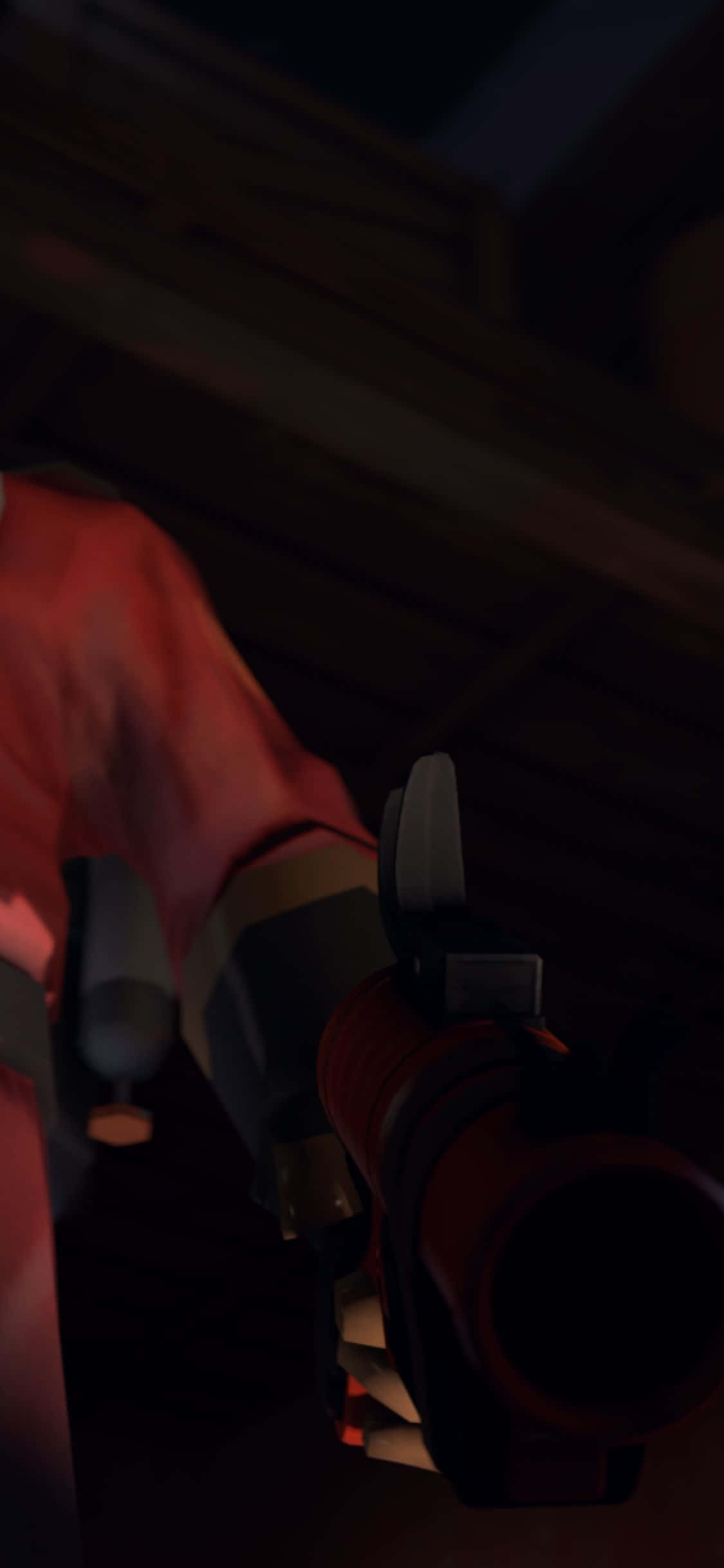 iPhone Xs Team Fortress 2 桌布 壁紙 — 第一人稱視角，角色在光線昏暗的木製房間中手持紅黑武器。
