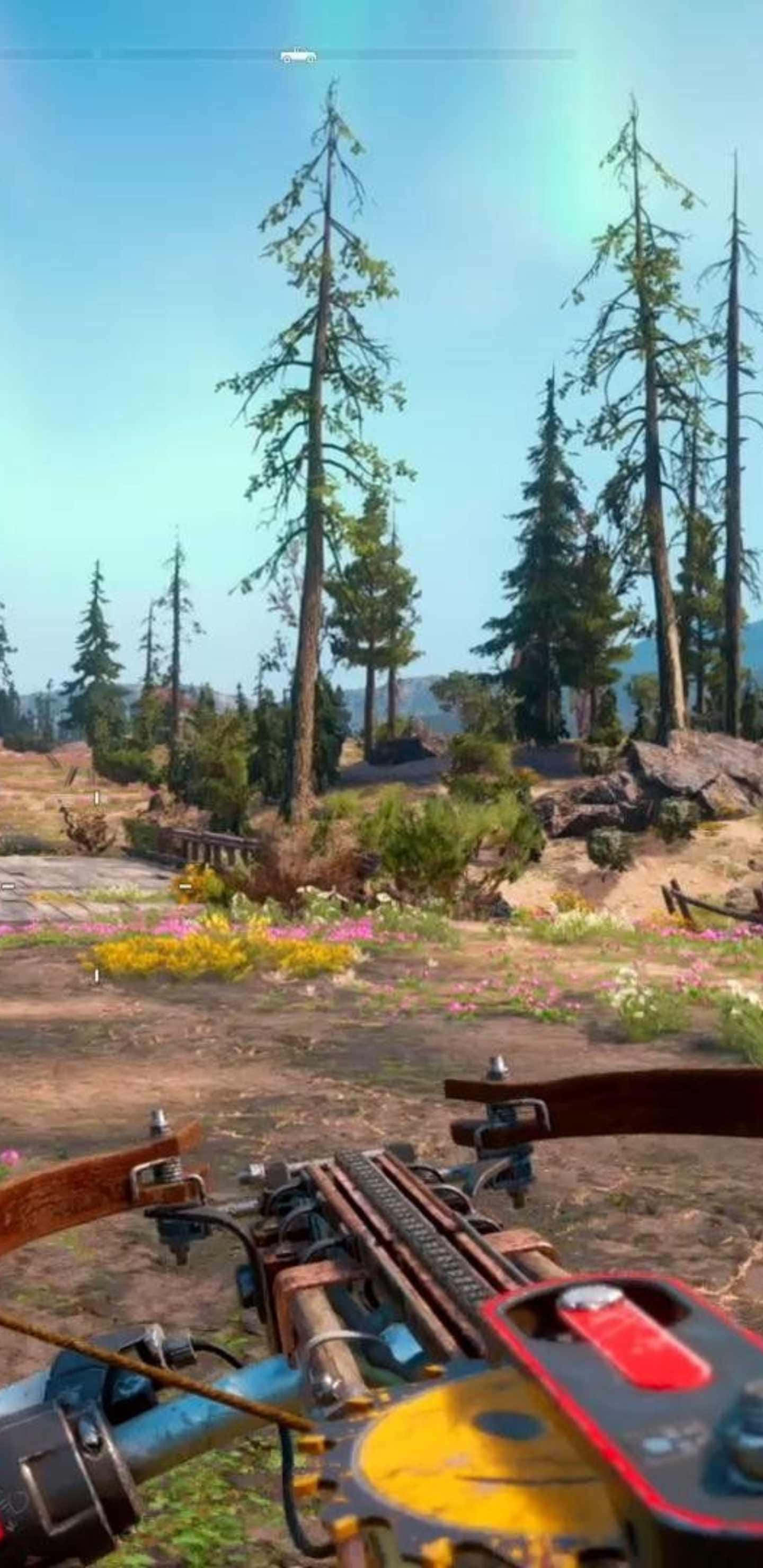 Android Far Cry New Dawn 桌布 壁紙 — 第一人稱視角，透過陽光普照的森林瞄準十字弓，森林中有高大的松樹和色彩繽紛的野花。