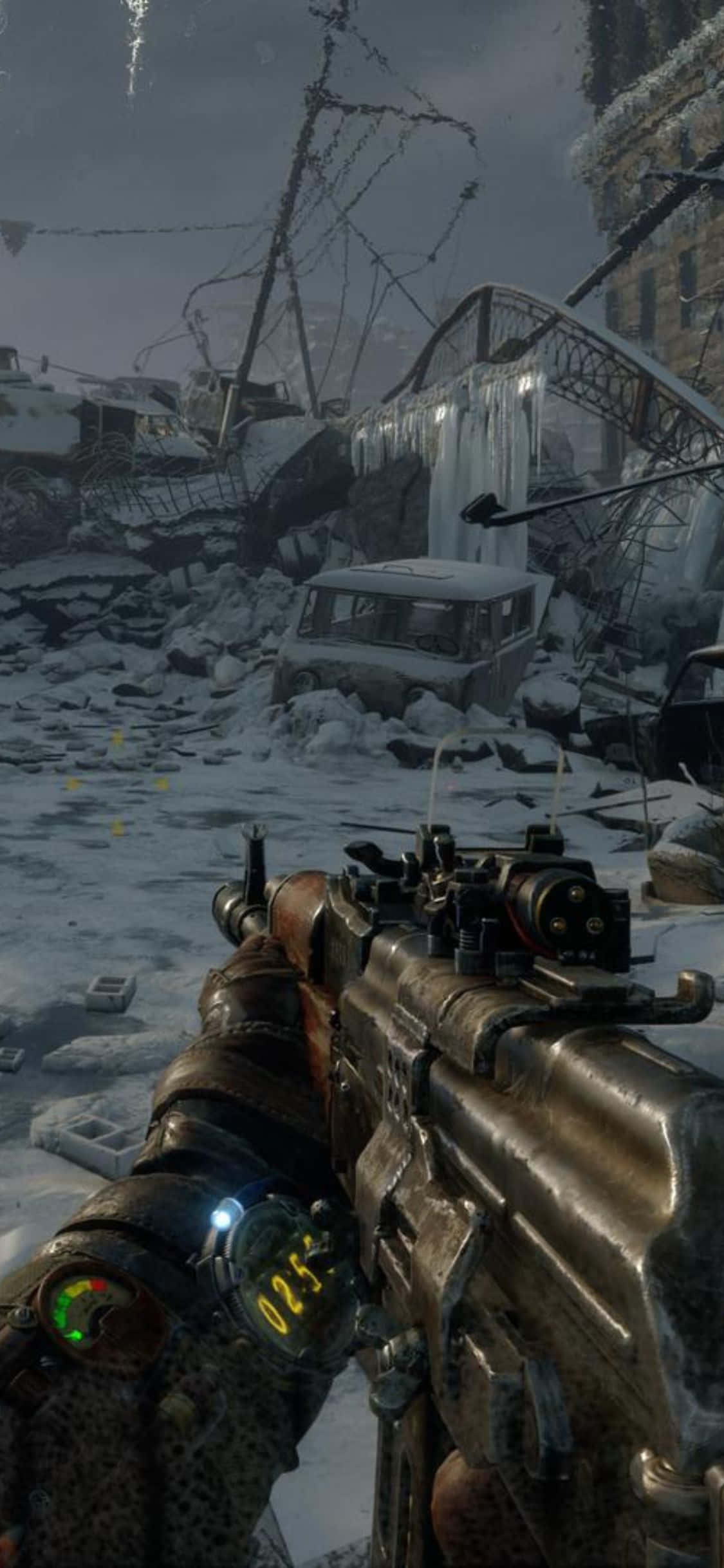 iPhone X Metro Exodus 桌布 壁紙 — 第一人稱視角，雪地戰場，重型武器，廢墟建築，灰色天空。