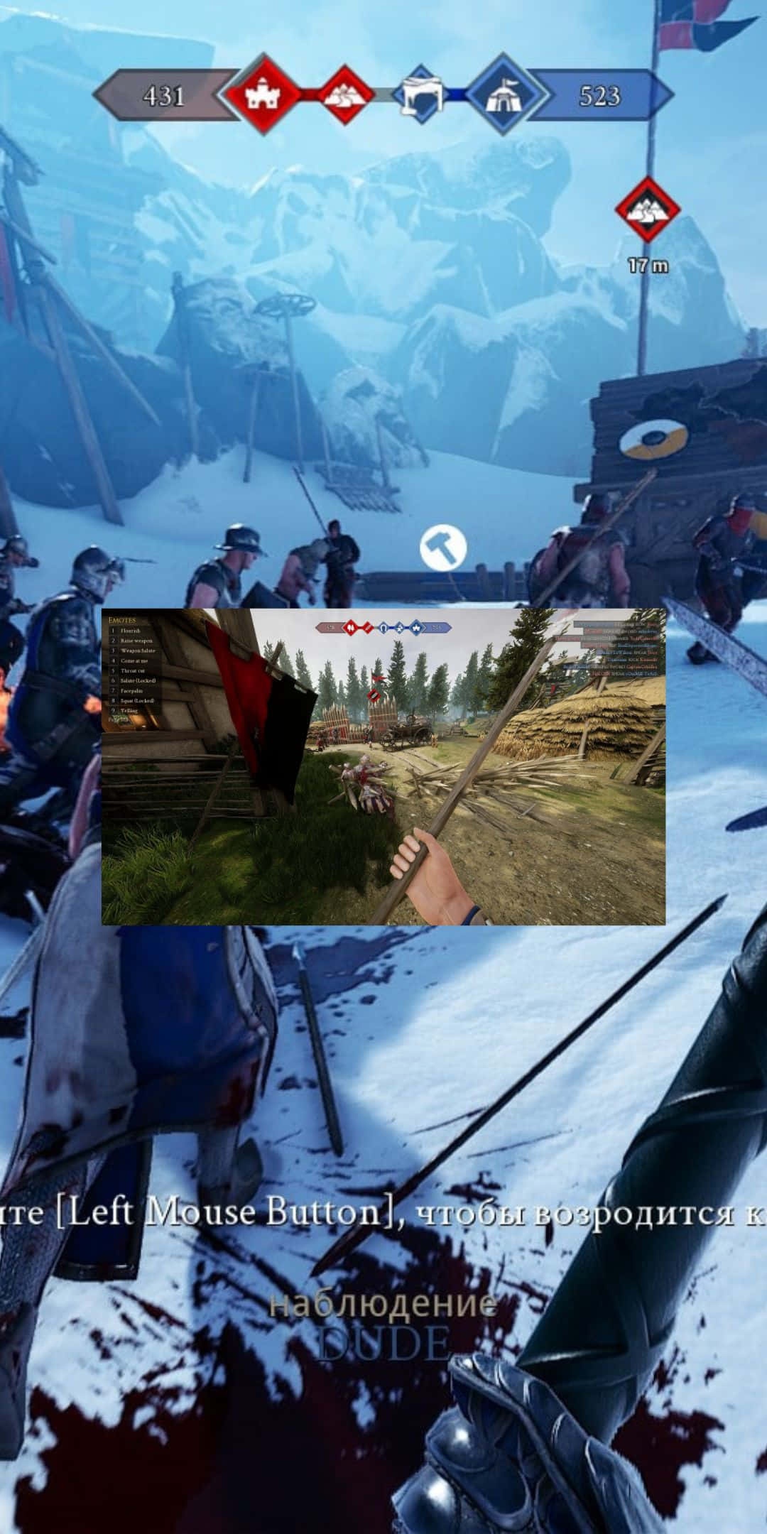 Pixel 3 Mordhau 桌布 壁紙 — 第一人稱視角的雪地中世紀戰鬥場景，士兵揮舞武器，UI元素疊加。