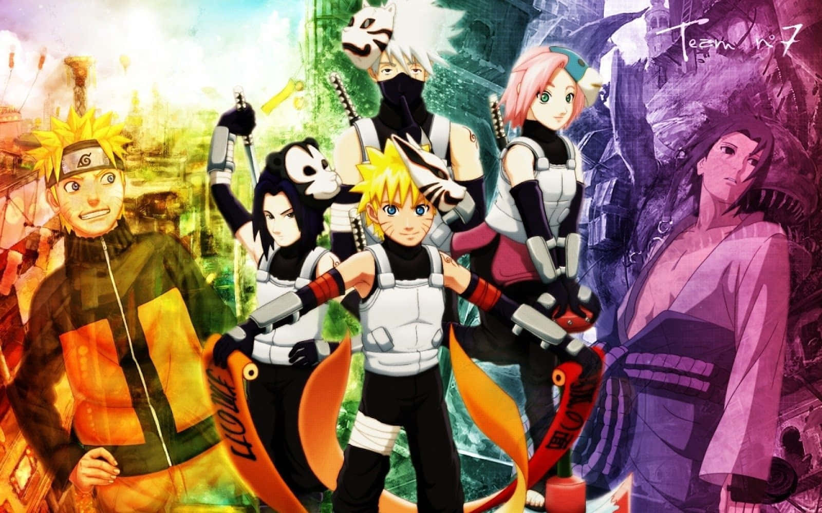 Team 7 Naruto 桌布 壁紙 — 第七班的鮮豔動漫角色在色彩繽紛的抽象背景和動態燈光下英勇站立。