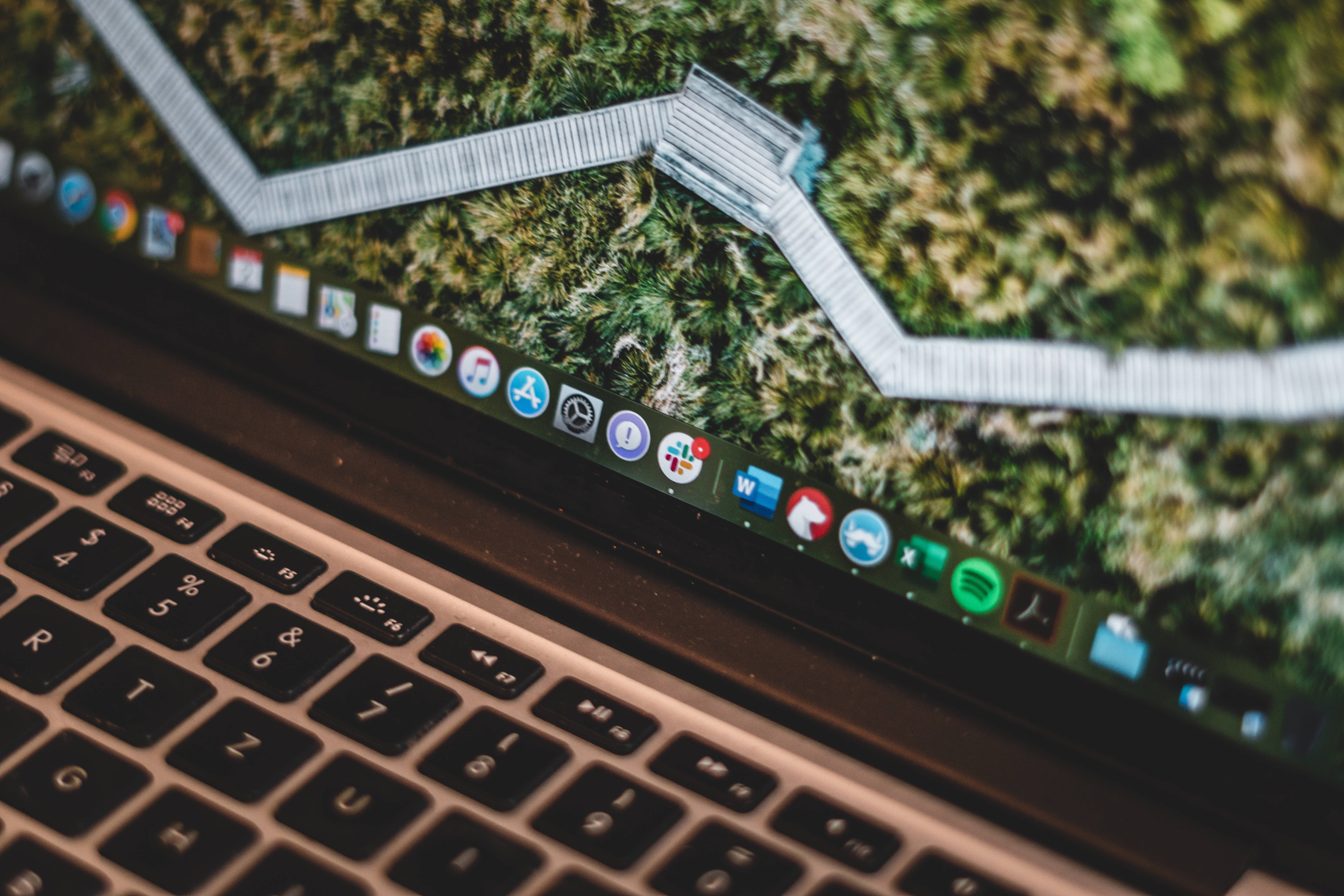 MacBook 動態圖片 桌布 壁紙 — 筆記型電腦特寫，顯示森林小徑桌布，Dock 上有應用程式圖示。