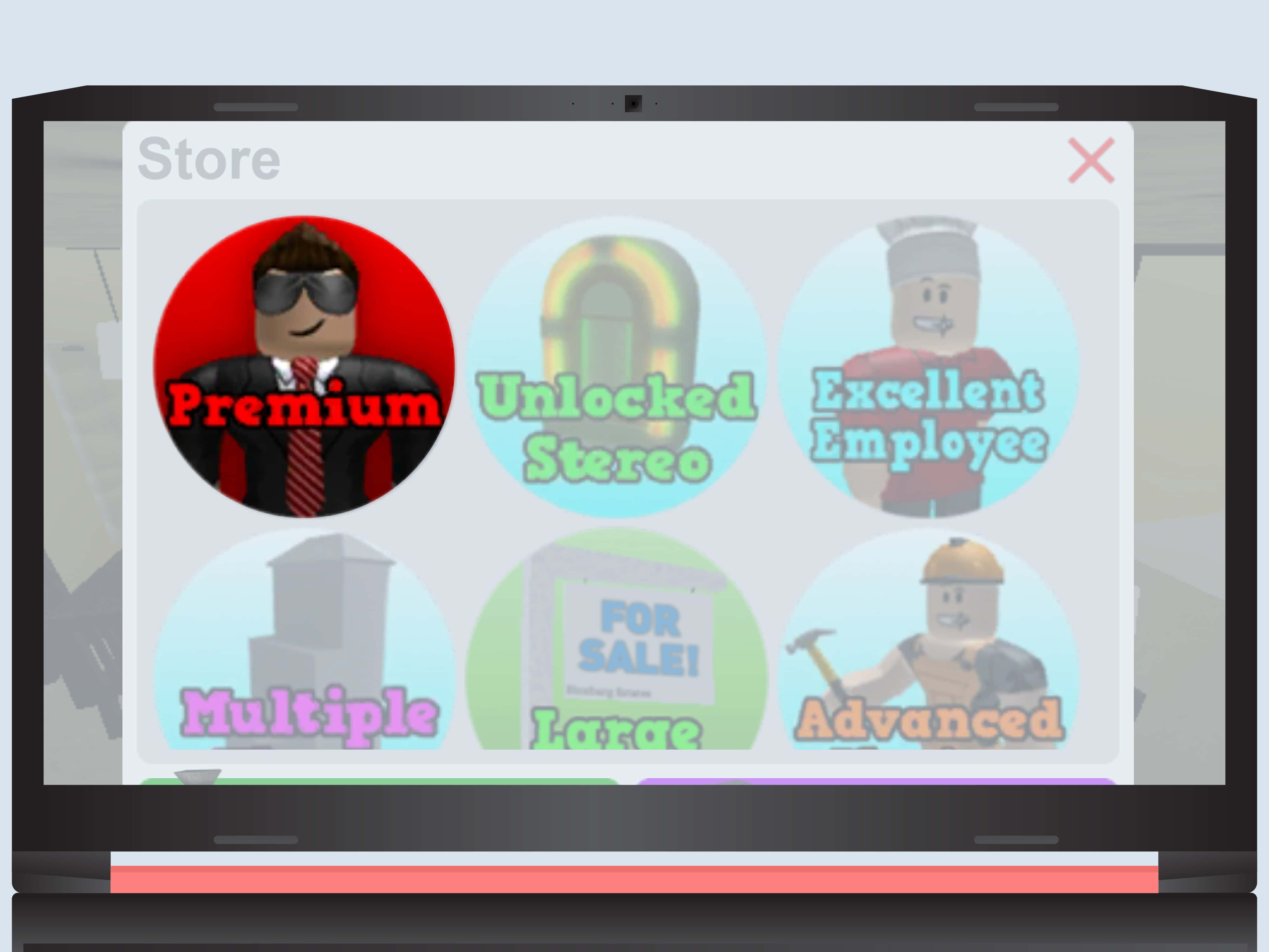 桌布 壁紙 — 筆記型電腦螢幕顯示 Roblox 商店介面，包含六個圓形圖示，對應遊戲內物品如 Premium、Unlocked Stereo 和 Advanced。