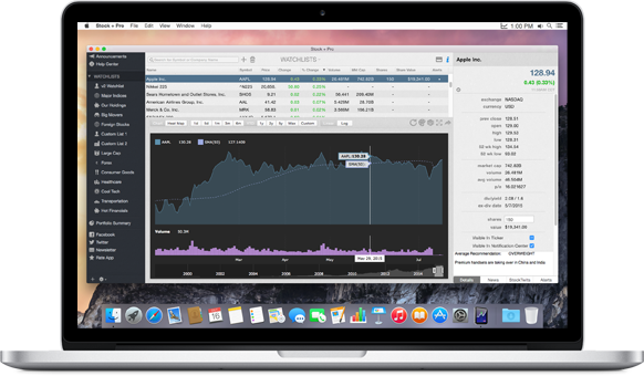 MacBook 動態圖片 桌布 壁紙 — 筆記型電腦螢幕顯示Apple Inc的詳細股票市場圖表，包含財務數據和紫色線圖，背景為深色。