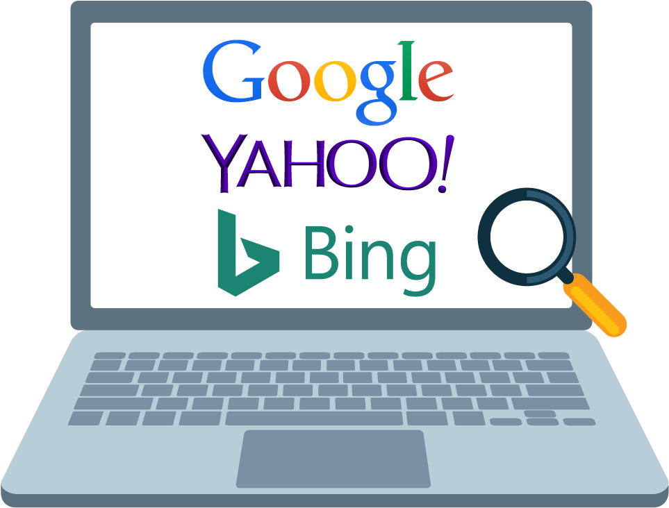 雅虎 桌布 壁紙 — 筆記型電腦螢幕顯示Google Yahoo和Bing標誌，旁邊有一個放大鏡懸浮著。