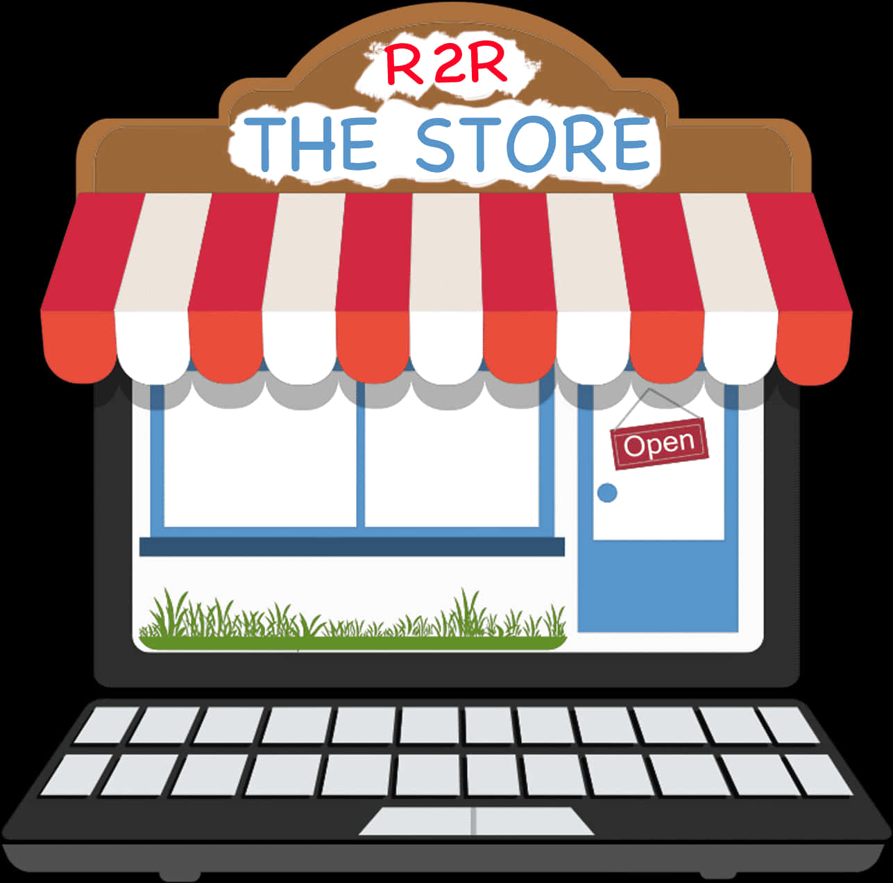 Shopping 桌布 壁紙 — 筆記型電腦螢幕顯示一個卡通商店門面，帶有紅白條紋遮陽篷和營業中標誌。