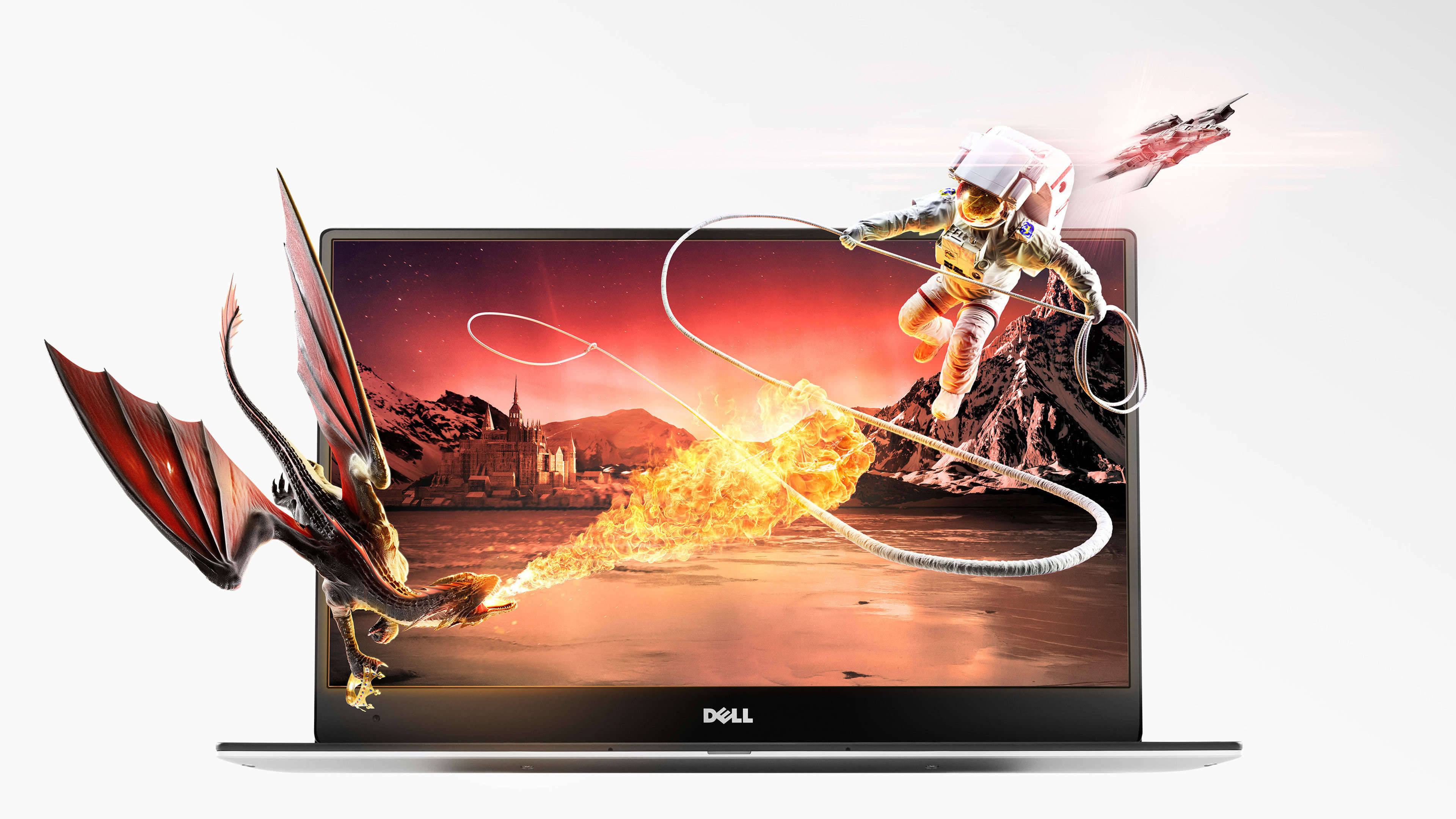 dell 4K 桌布 壁紙 — 筆記型電腦螢幕顯示一個火龍戰鬥場景，太空人揮舞套索，背景是紅色天空。