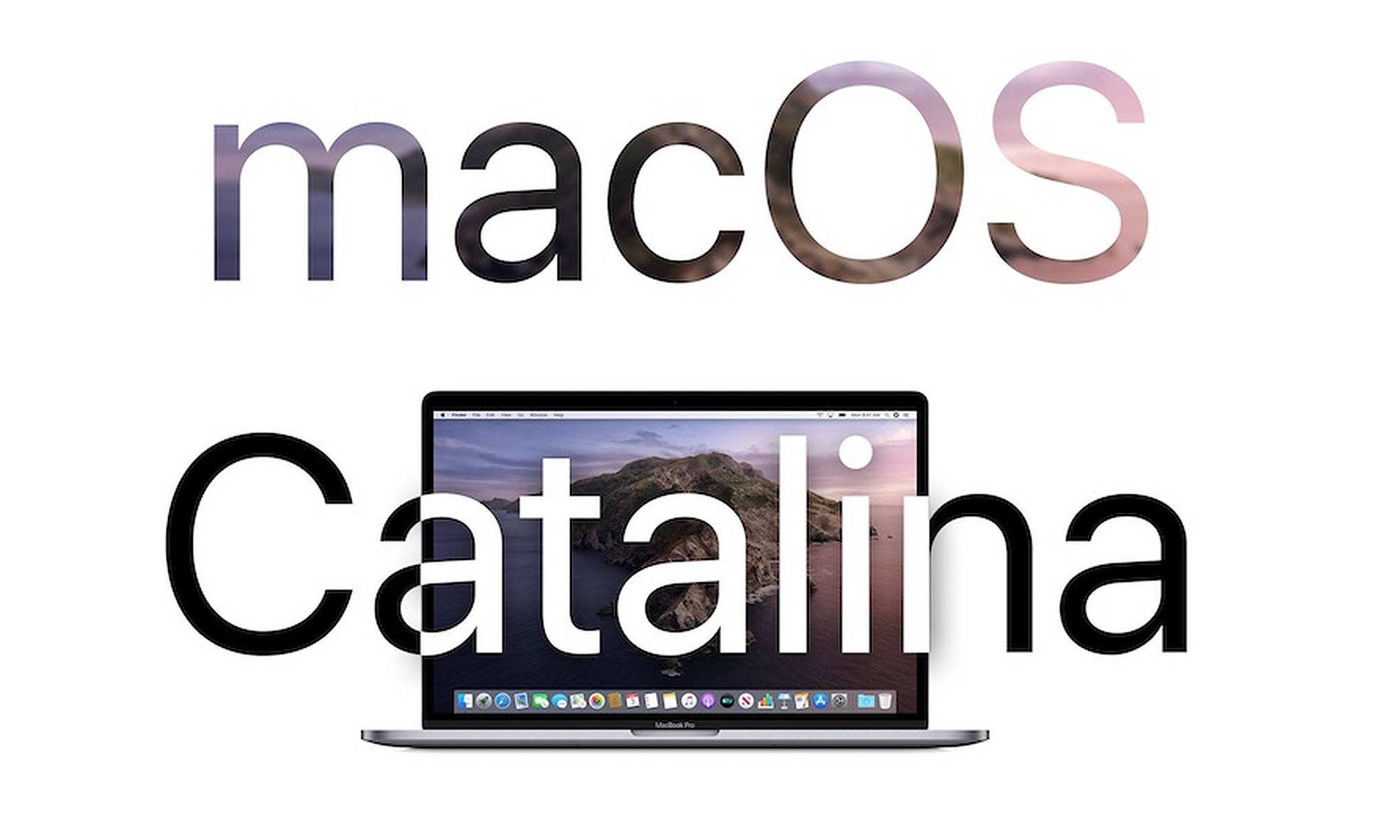 macOS Catalina 桌布 壁紙 — 筆記型電腦顯示 macOS Catalina，配有山景日落桌布和大型風格化文字疊加。