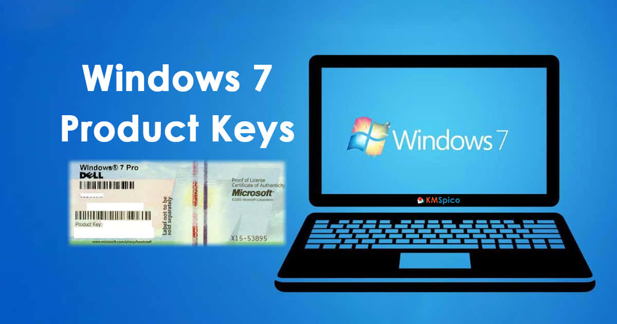 Windows 7 桌布 壁紙 — 筆記型電腦顯示Windows 7標誌，同時文字和產品金鑰卡在藍色背景上宣傳Windows 7 Pro授權。